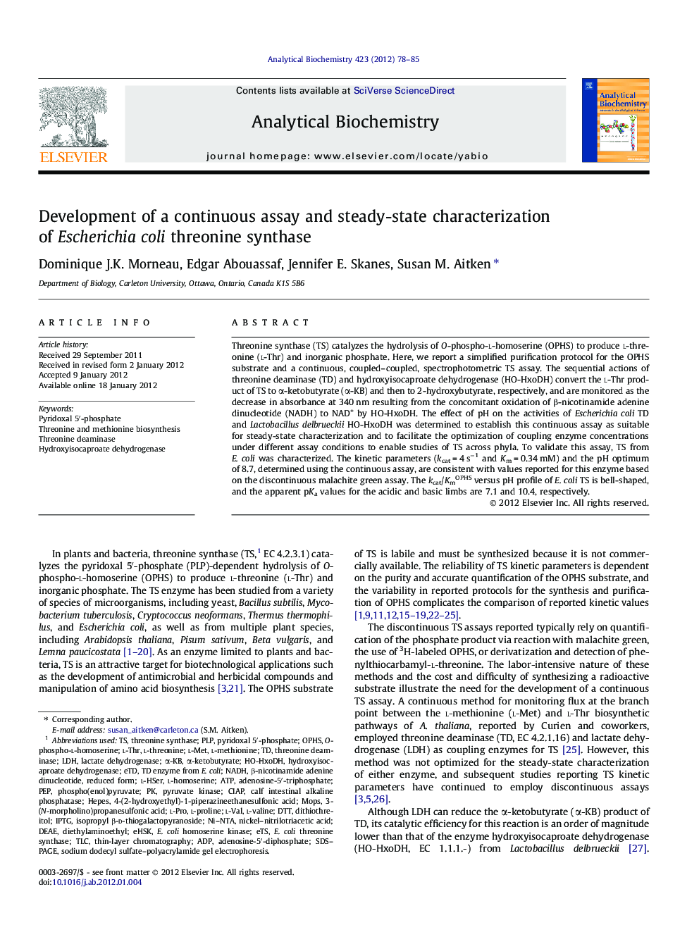 Development of a continuous assay and steady-state characterization of Escherichia coli threonine synthase