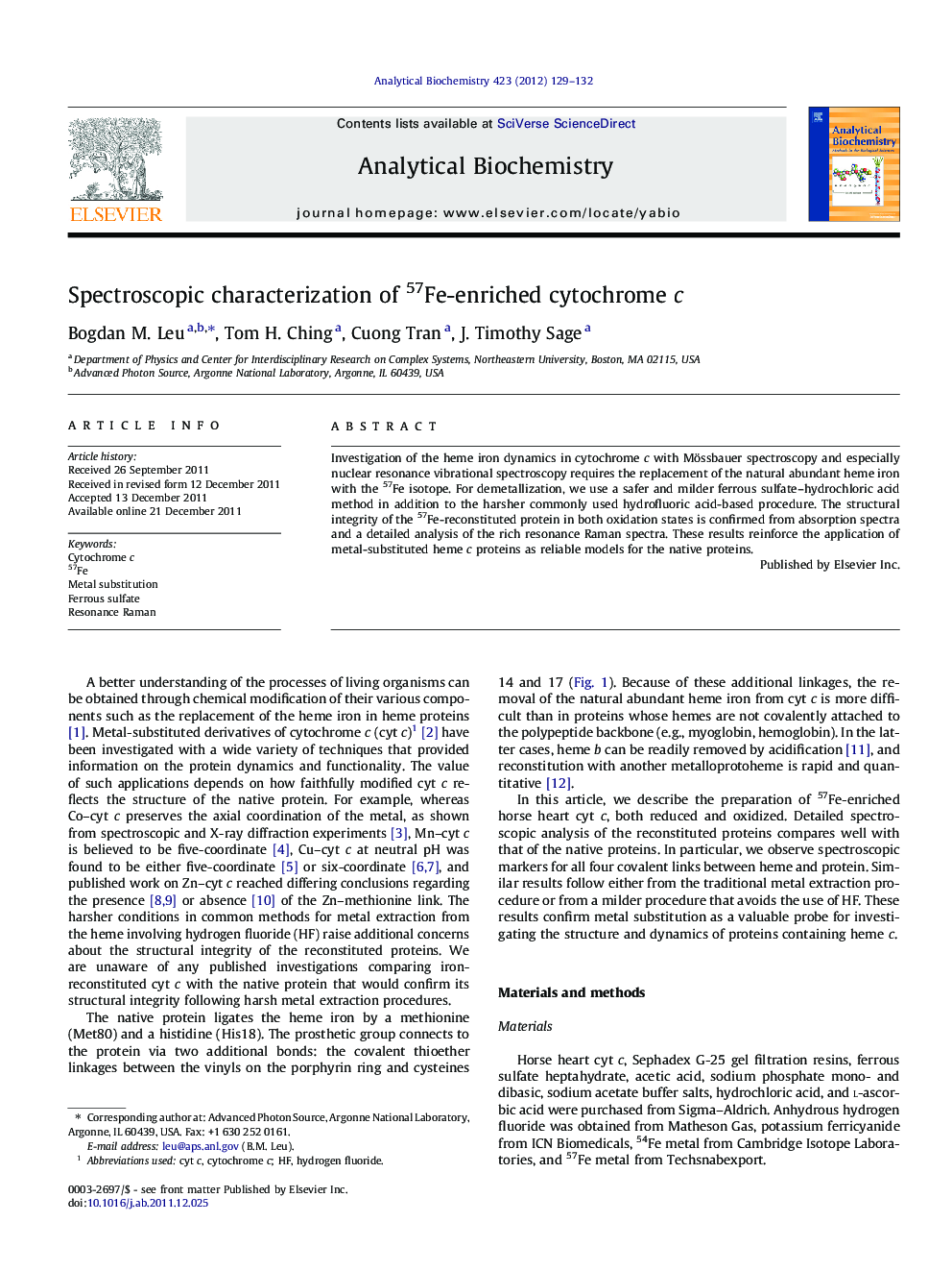 Spectroscopic characterization of 57Fe-enriched cytochrome c