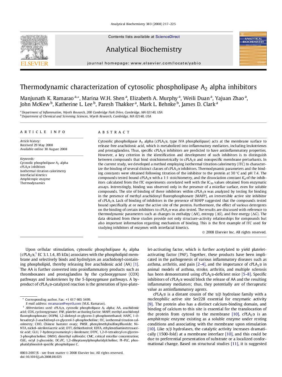 Thermodynamic characterization of cytosolic phospholipase A2 alpha inhibitors