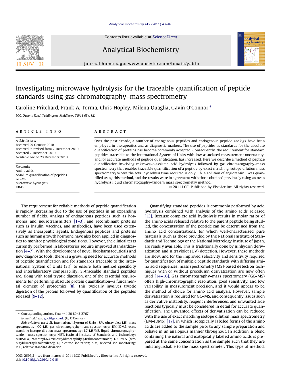 Investigating microwave hydrolysis for the traceable quantification of peptide standards using gas chromatography–mass spectrometry