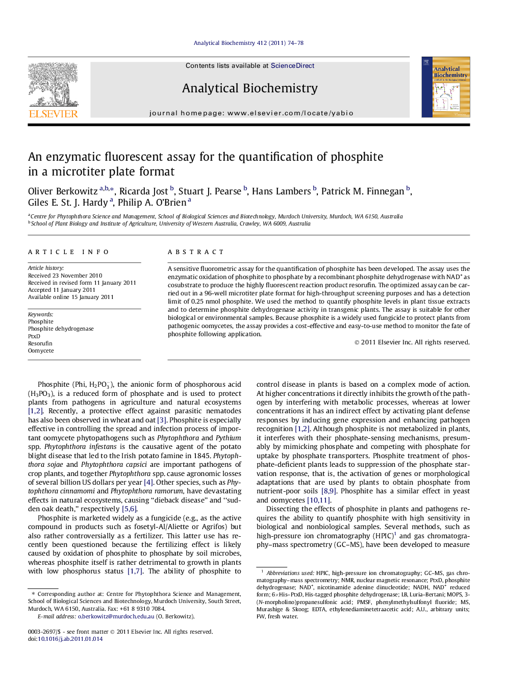 An enzymatic fluorescent assay for the quantification of phosphite in a microtiter plate format