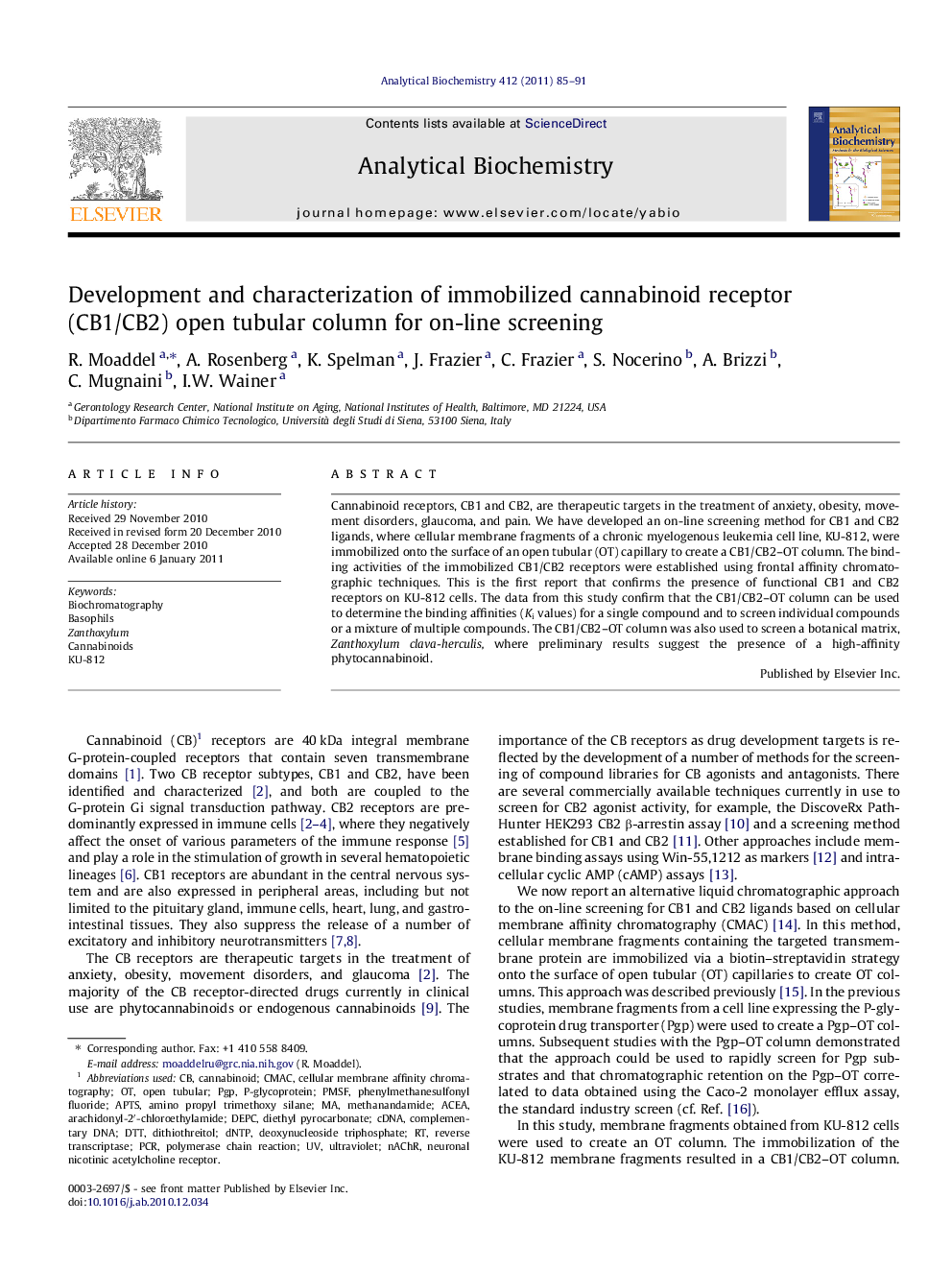 Development and characterization of immobilized cannabinoid receptor (CB1/CB2) open tubular column for on-line screening