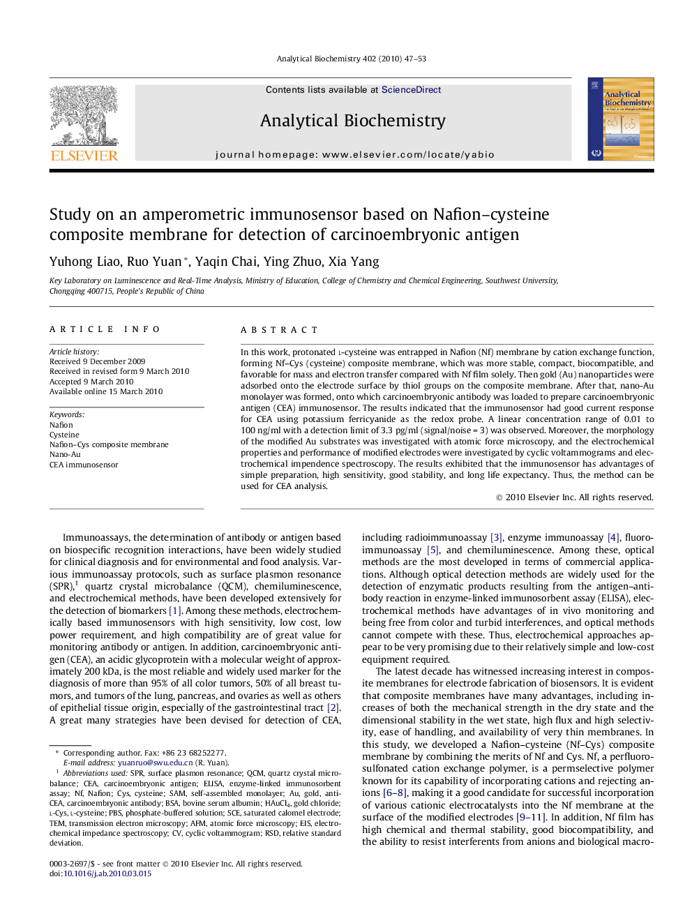 Study on an amperometric immunosensor based on Nafion–cysteine composite membrane for detection of carcinoembryonic antigen