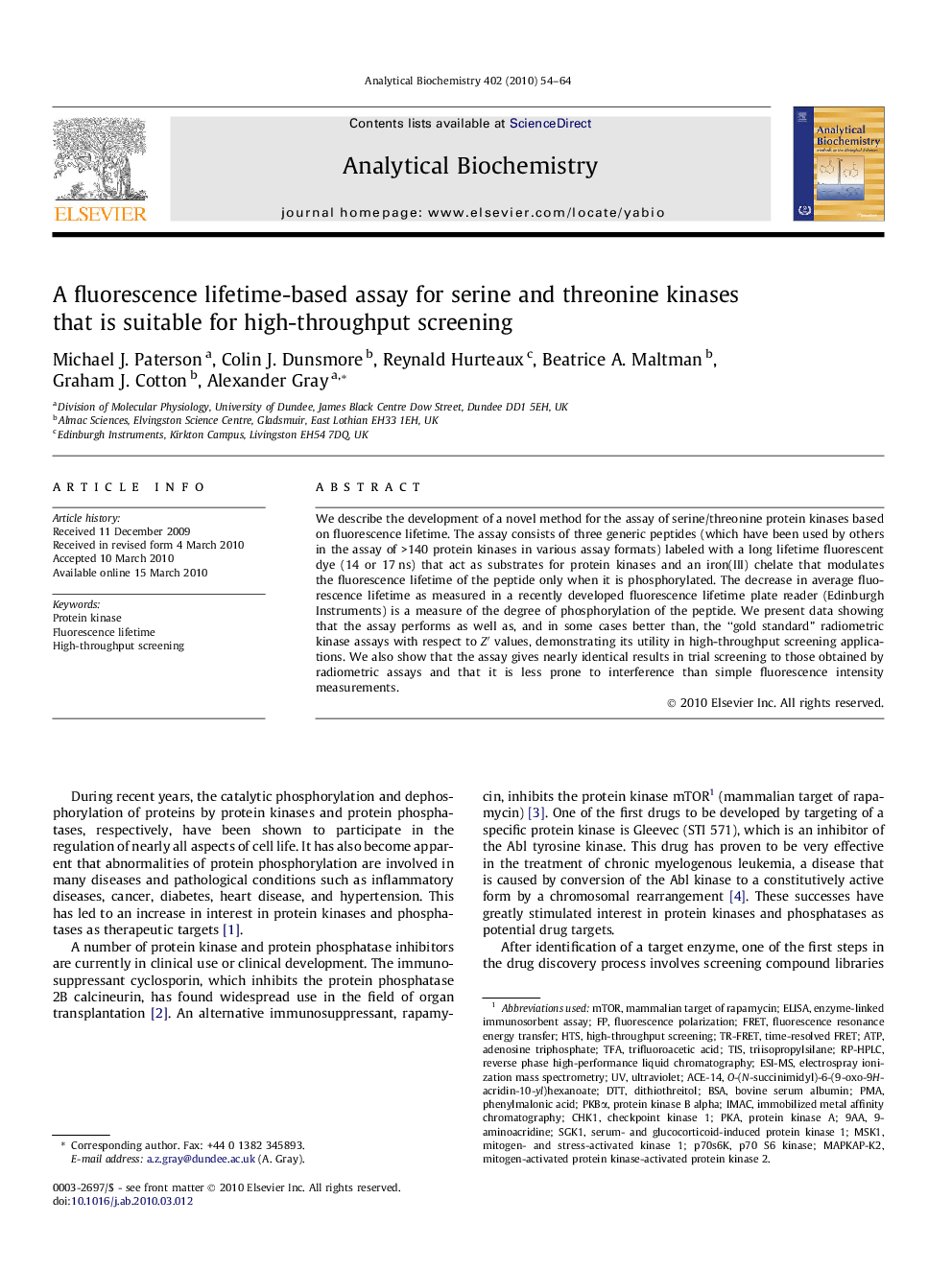 A fluorescence lifetime-based assay for serine and threonine kinases that is suitable for high-throughput screening