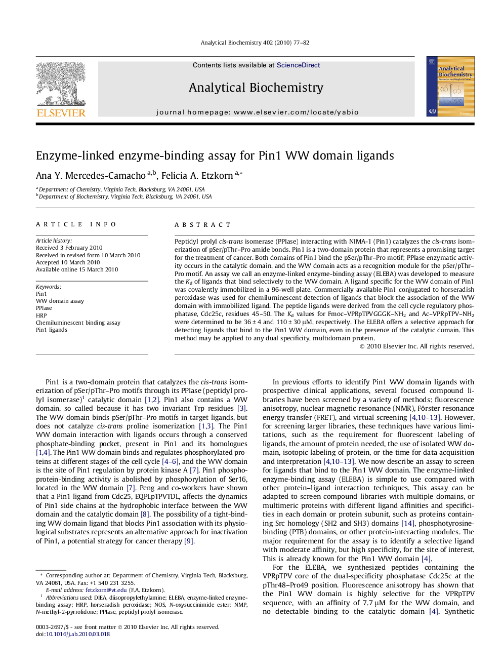 Enzyme-linked enzyme-binding assay for Pin1 WW domain ligands