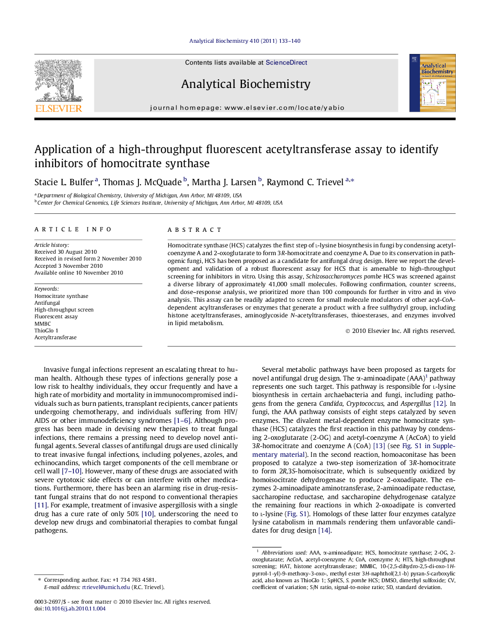 Application of a high-throughput fluorescent acetyltransferase assay to identify inhibitors of homocitrate synthase