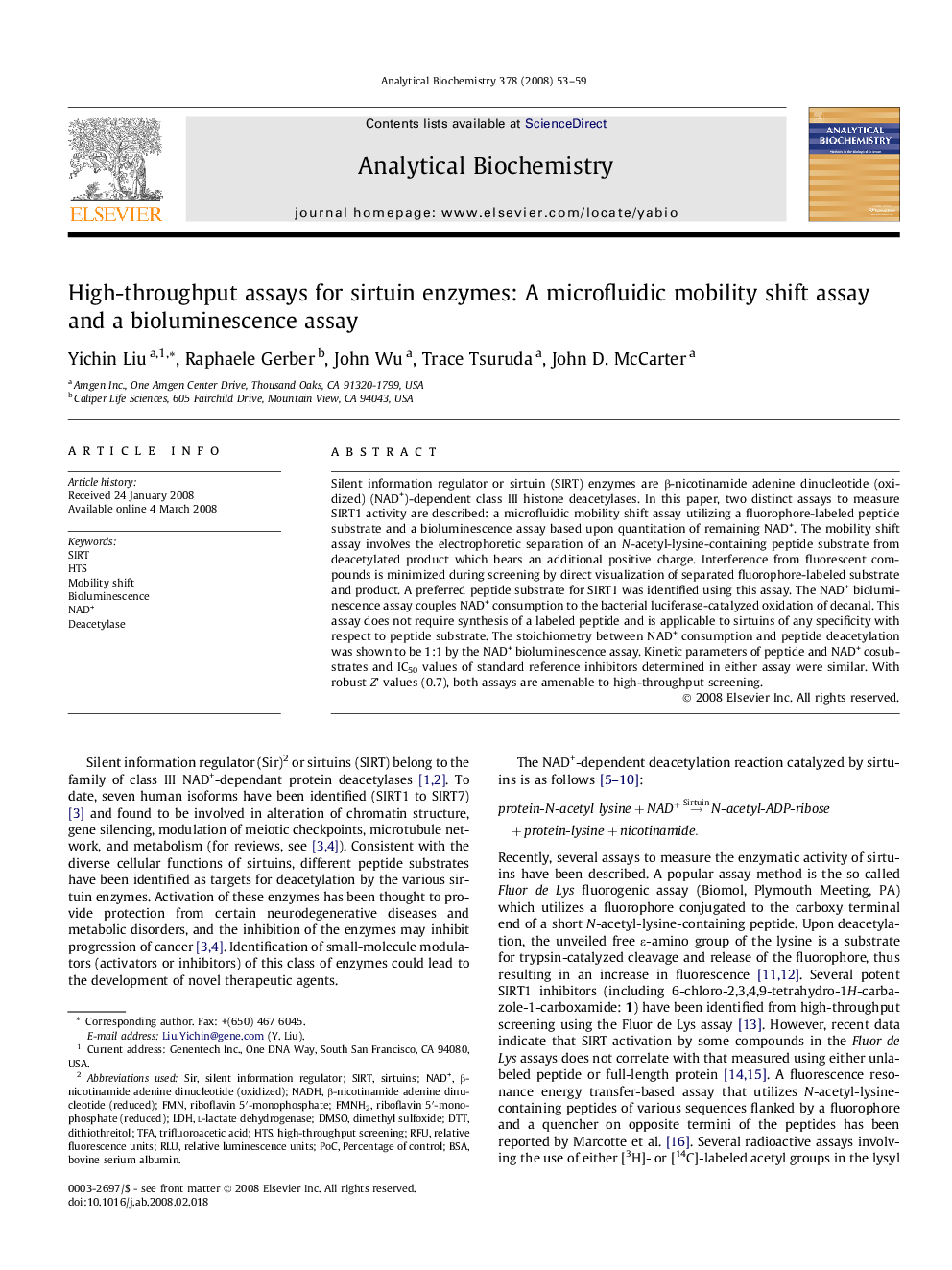 High-throughput assays for sirtuin enzymes: A microfluidic mobility shift assay and a bioluminescence assay