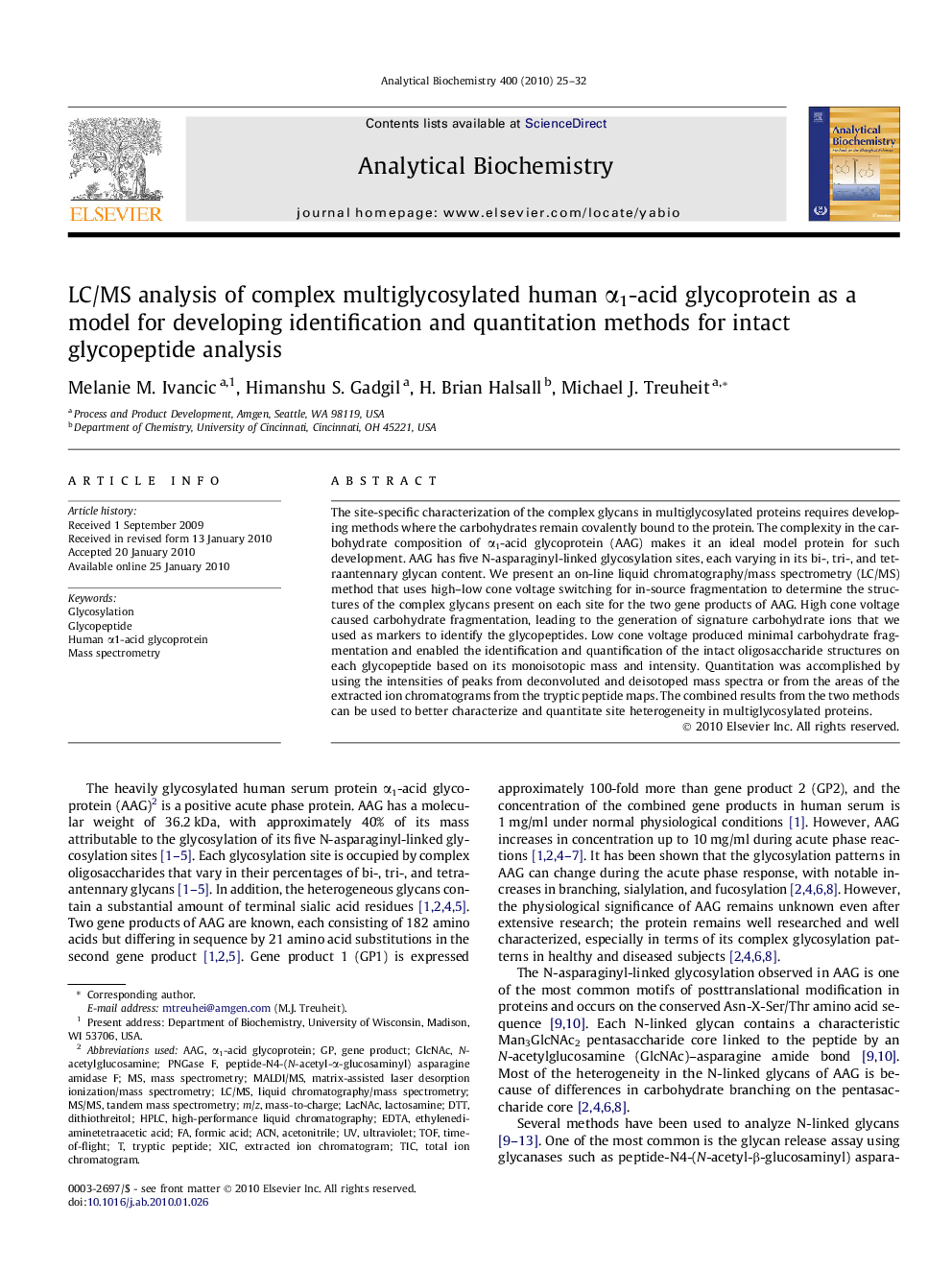 LC/MS analysis of complex multiglycosylated human α1-acid glycoprotein as a model for developing identification and quantitation methods for intact glycopeptide analysis