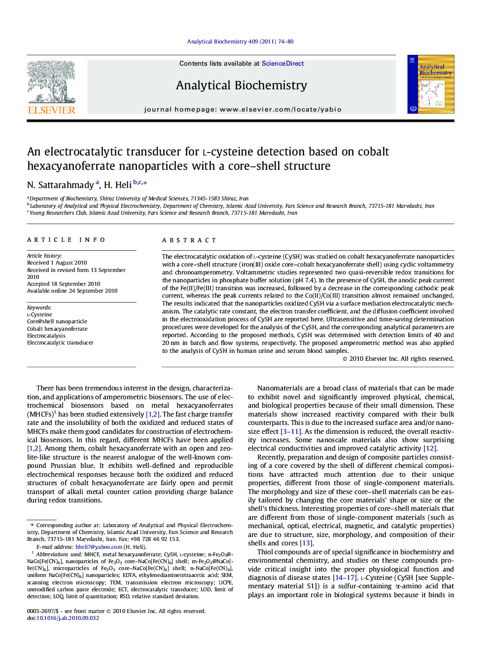 An electrocatalytic transducer for l-cysteine detection based on cobalt hexacyanoferrate nanoparticles with a core–shell structure