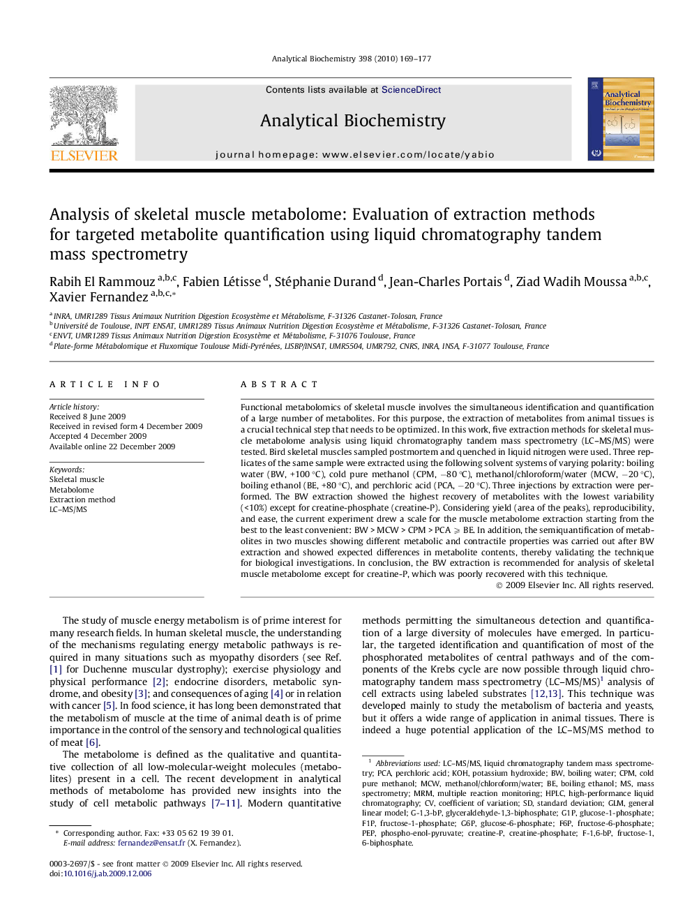 Analysis of skeletal muscle metabolome: Evaluation of extraction methods for targeted metabolite quantification using liquid chromatography tandem mass spectrometry