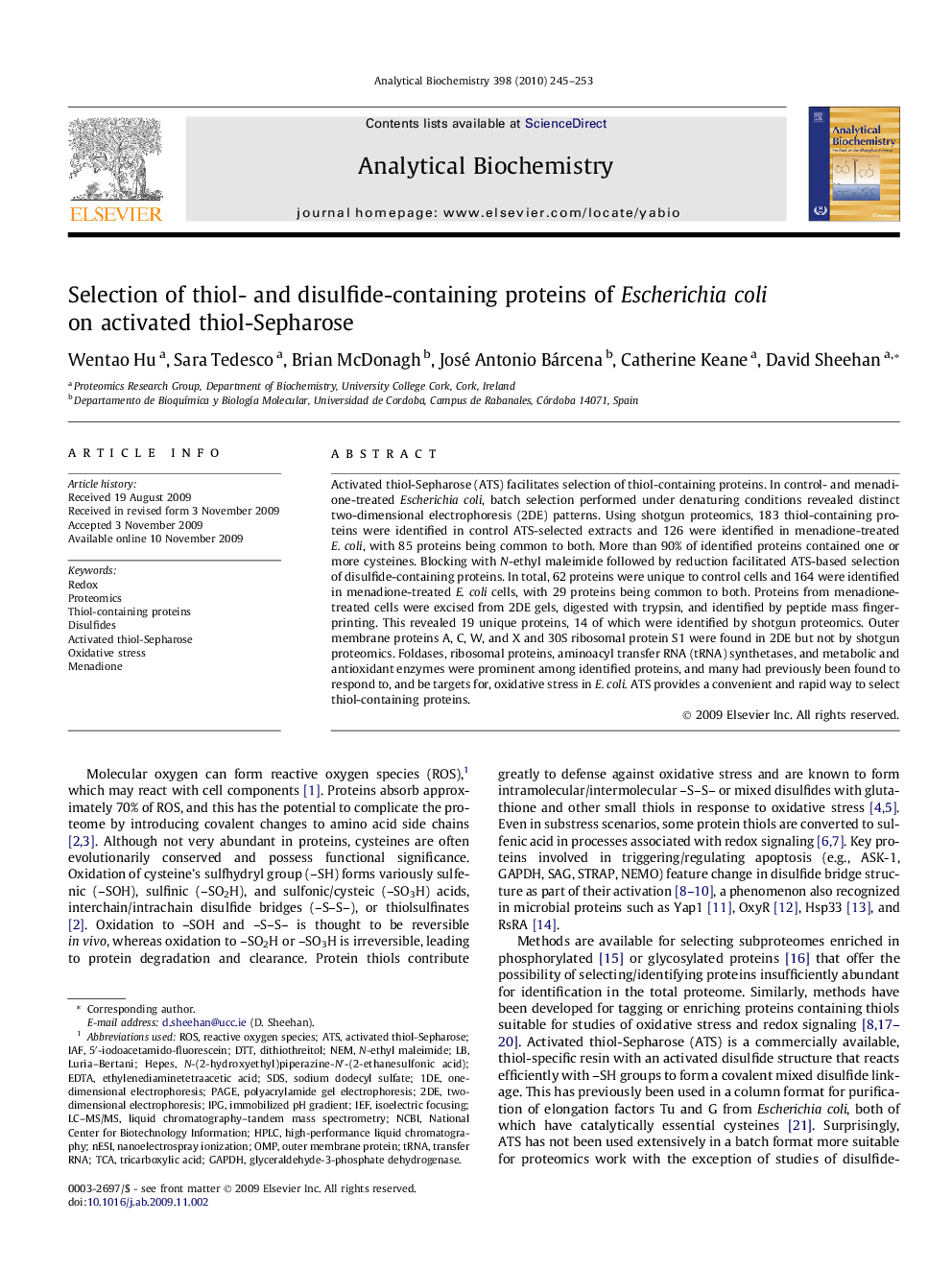 Selection of thiol- and disulfide-containing proteins of Escherichia coli on activated thiol-Sepharose