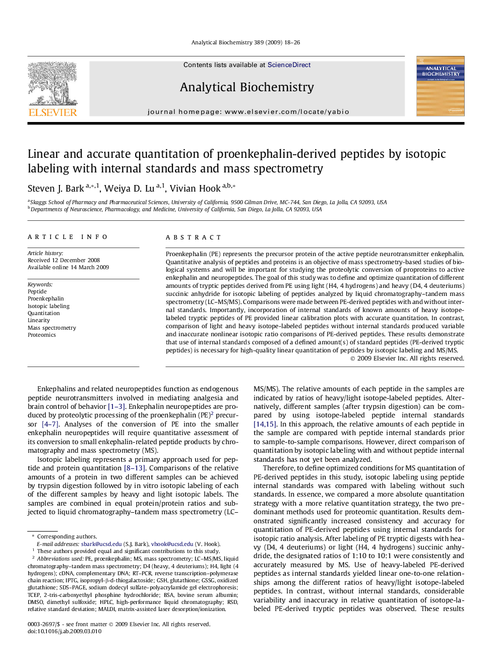 Linear and accurate quantitation of proenkephalin-derived peptides by isotopic labeling with internal standards and mass spectrometry