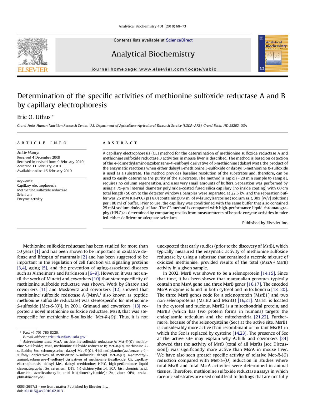 Determination of the specific activities of methionine sulfoxide reductase A and B by capillary electrophoresis