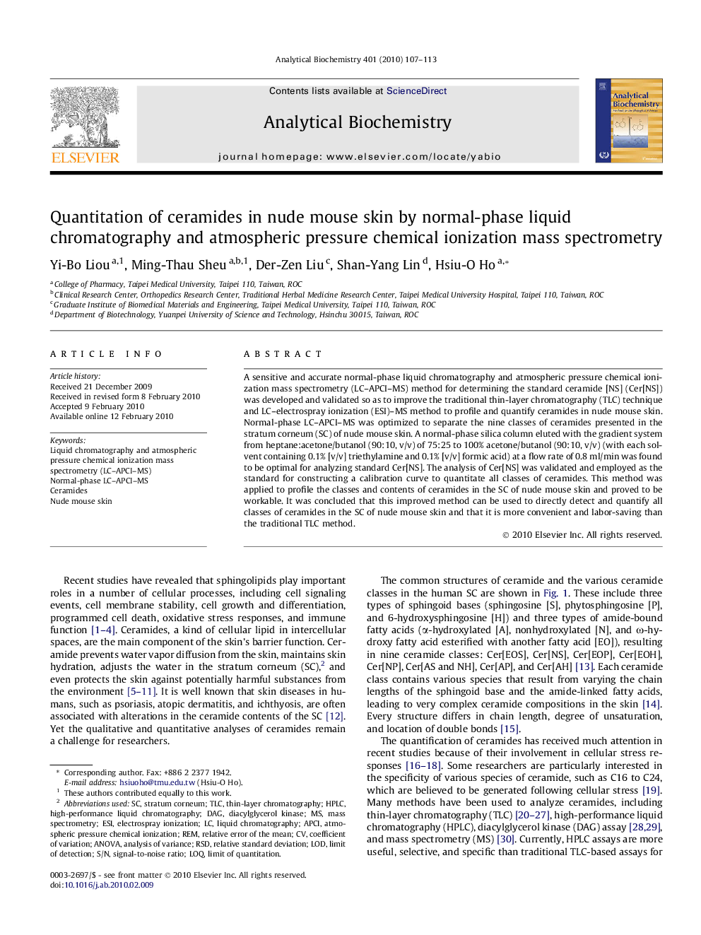 Quantitation of ceramides in nude mouse skin by normal-phase liquid chromatography and atmospheric pressure chemical ionization mass spectrometry