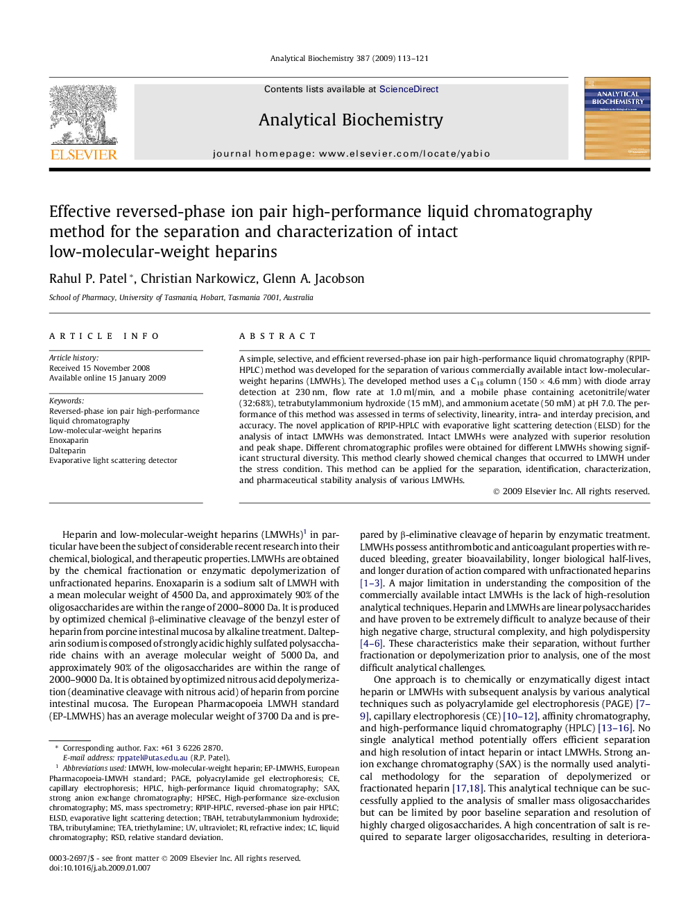 Effective reversed-phase ion pair high-performance liquid chromatography method for the separation and characterization of intact low-molecular-weight heparins