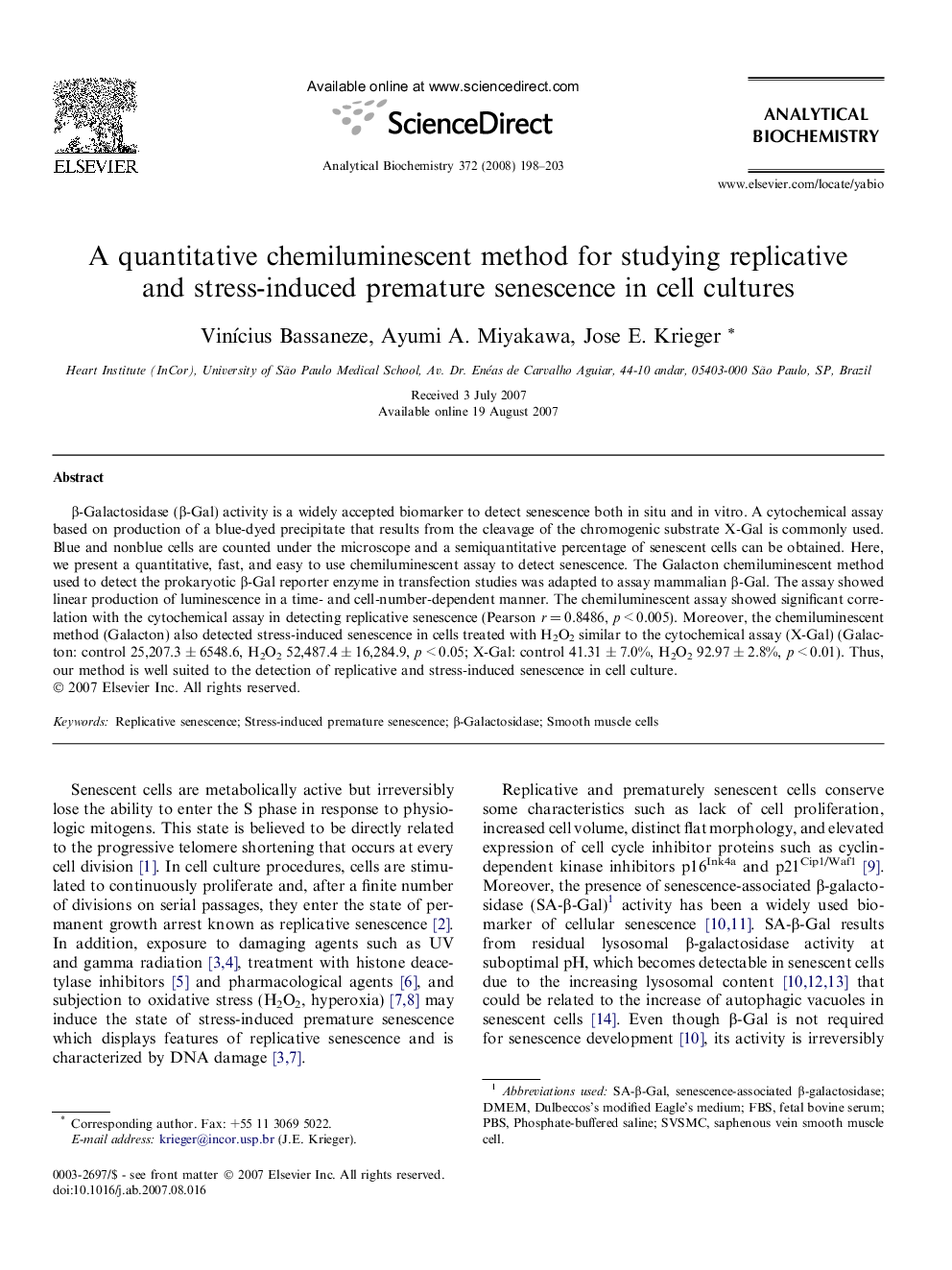 A quantitative chemiluminescent method for studying replicative and stress-induced premature senescence in cell cultures