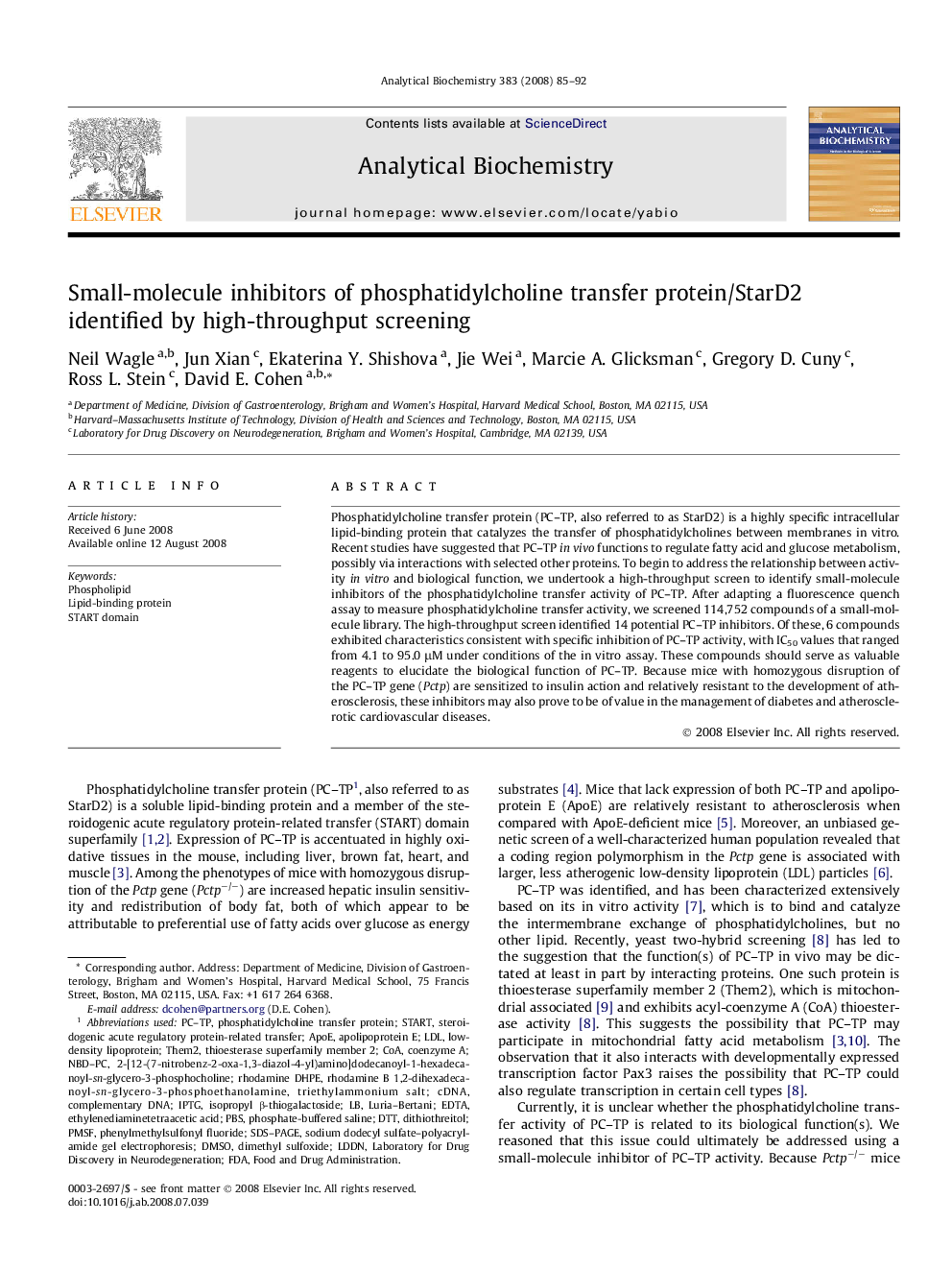 Small-molecule inhibitors of phosphatidylcholine transfer protein/StarD2 identified by high-throughput screening