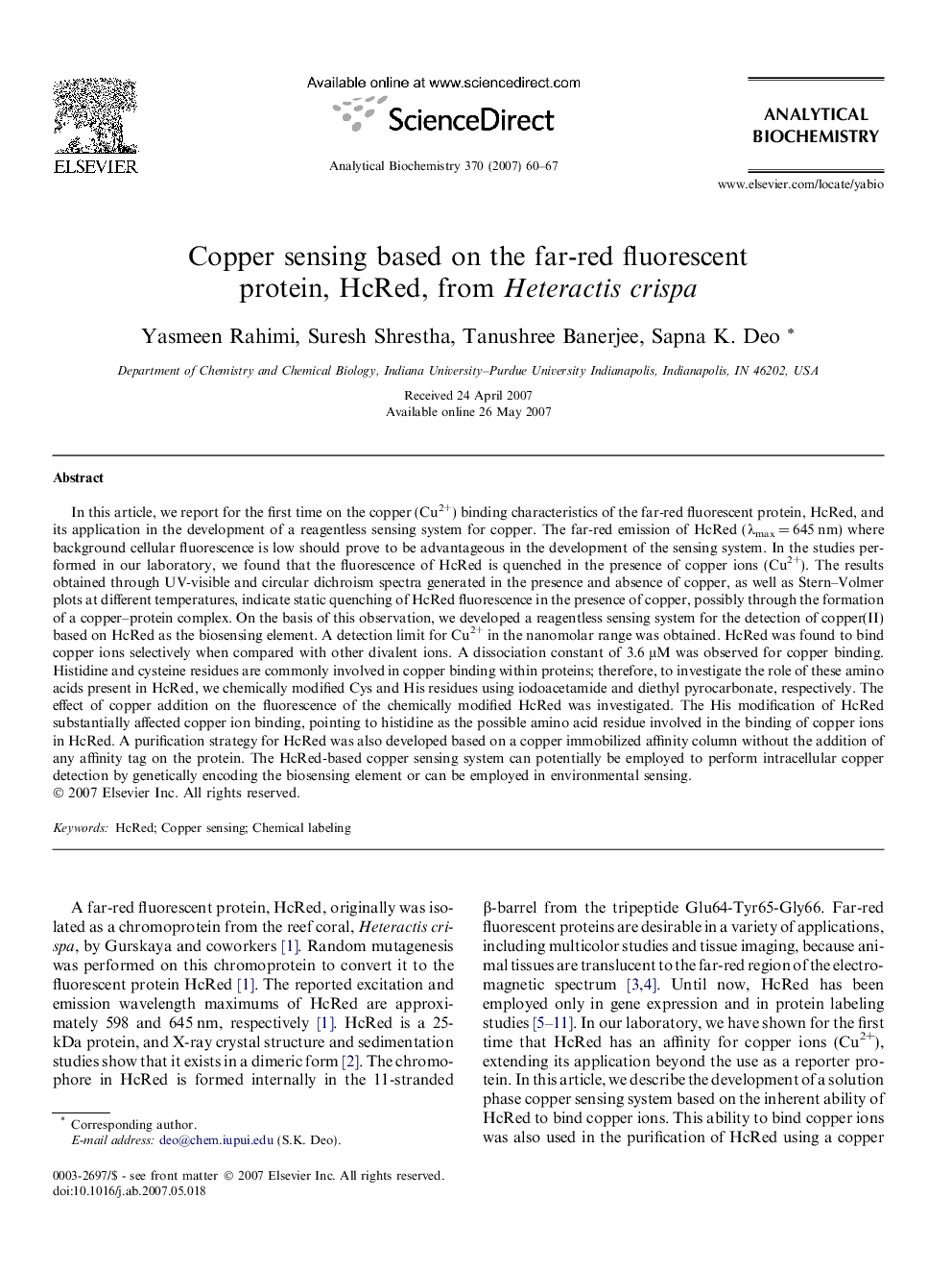 Copper sensing based on the far-red fluorescent protein, HcRed, from Heteractis crispa