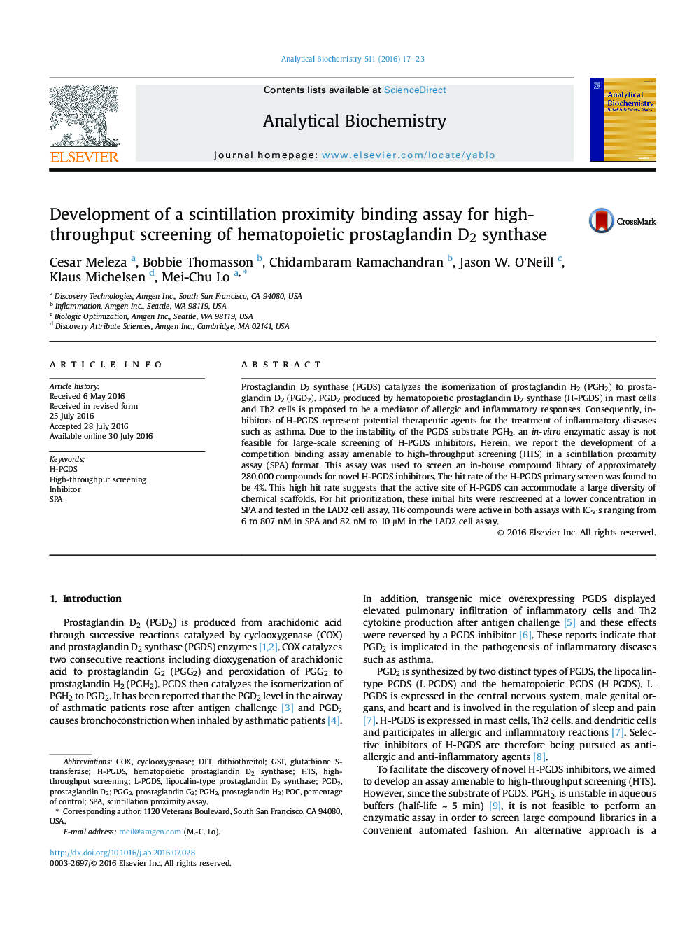 Development of a scintillation proximity binding assay for high-throughput screening of hematopoietic prostaglandin D2 synthase