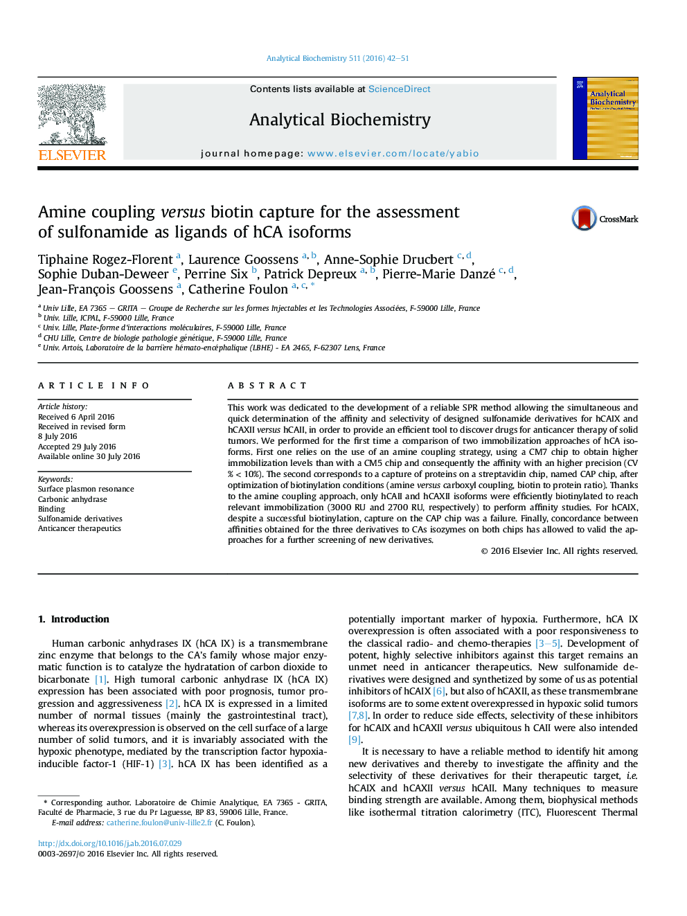 Amine coupling versus biotin capture for the assessment of sulfonamide as ligands of hCA isoforms