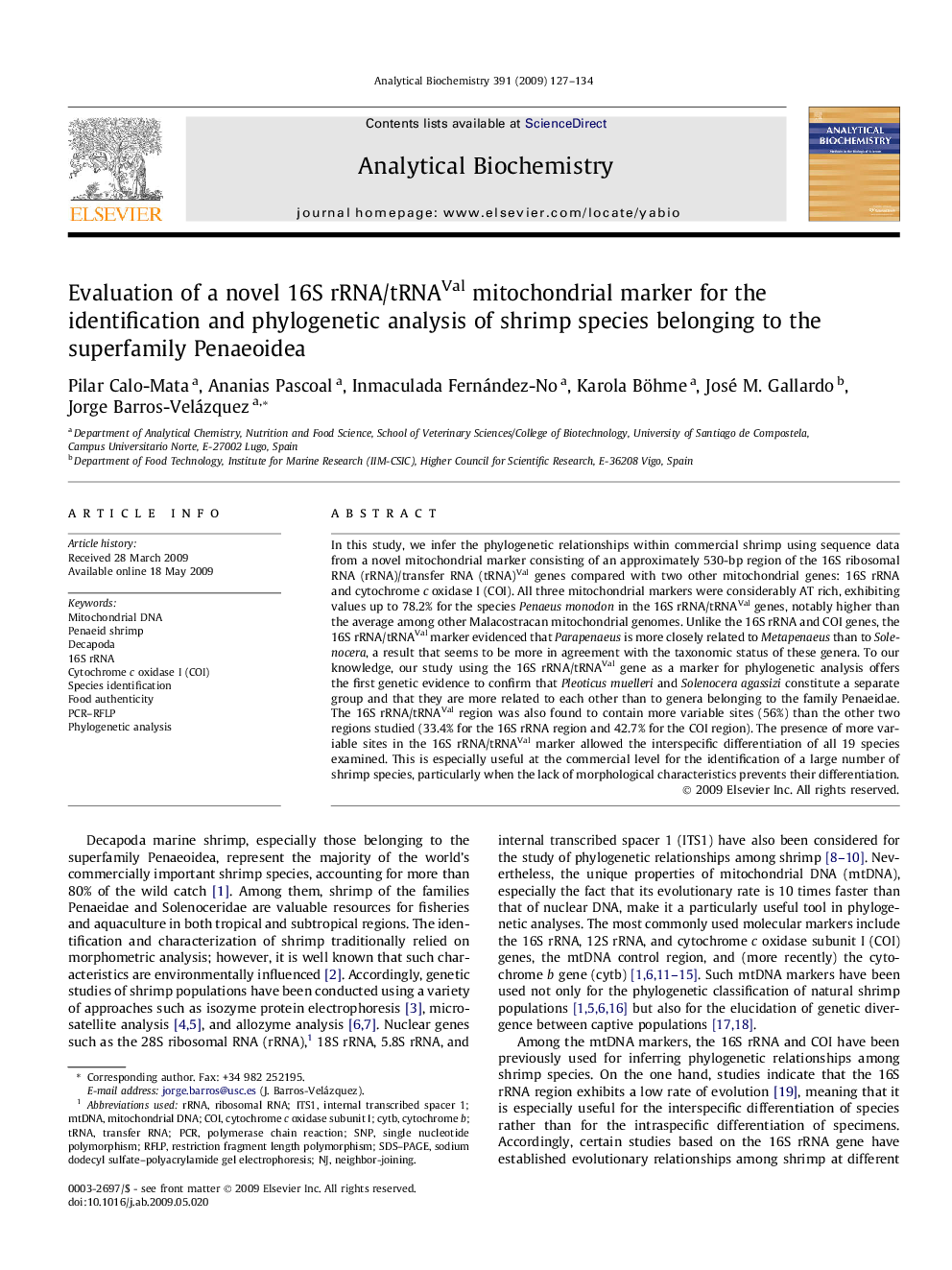 Evaluation of a novel 16S rRNA/tRNAVal mitochondrial marker for the identification and phylogenetic analysis of shrimp species belonging to the superfamily Penaeoidea