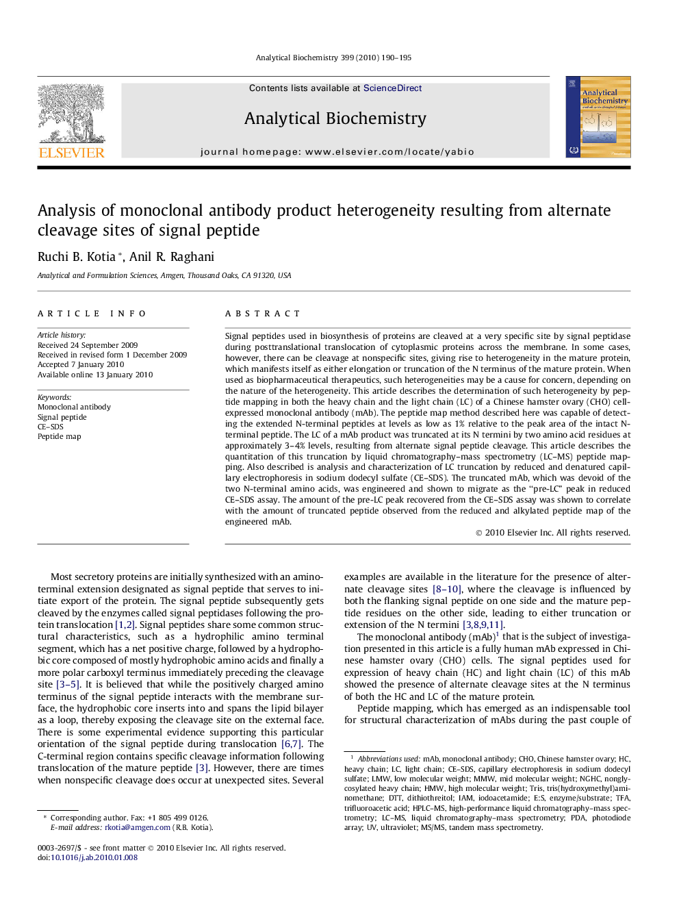 Analysis of monoclonal antibody product heterogeneity resulting from alternate cleavage sites of signal peptide