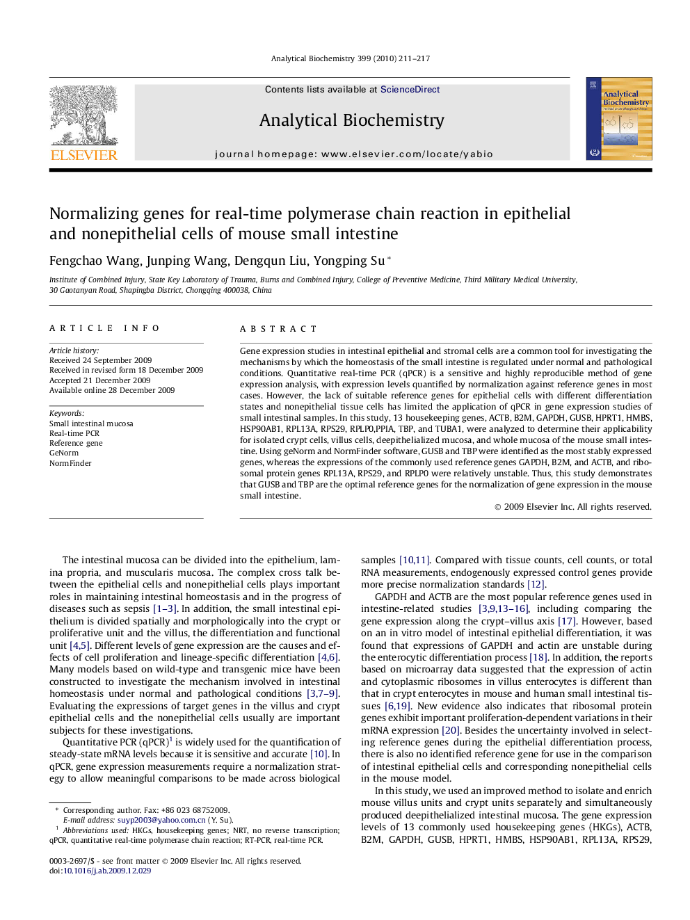 Normalizing genes for real-time polymerase chain reaction in epithelial and nonepithelial cells of mouse small intestine