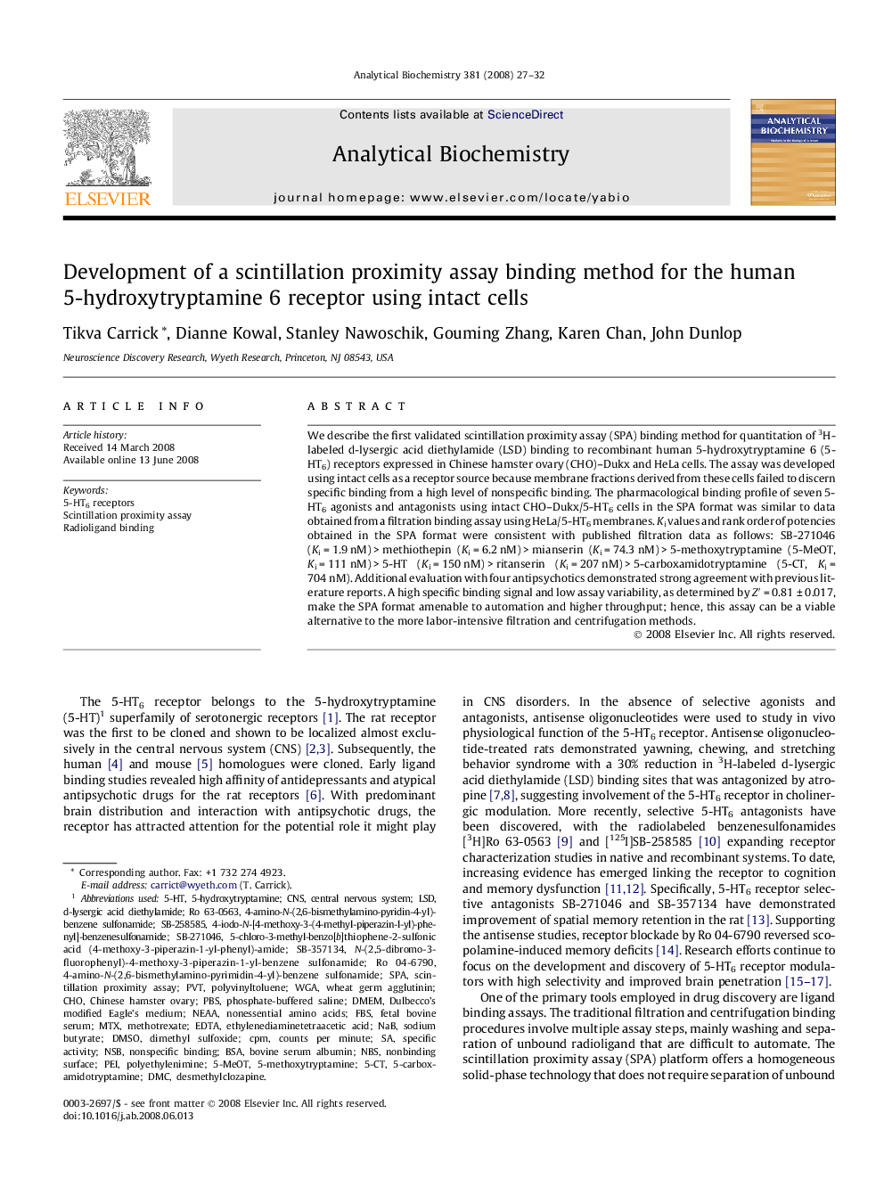 Development of a scintillation proximity assay binding method for the human 5-hydroxytryptamine 6 receptor using intact cells