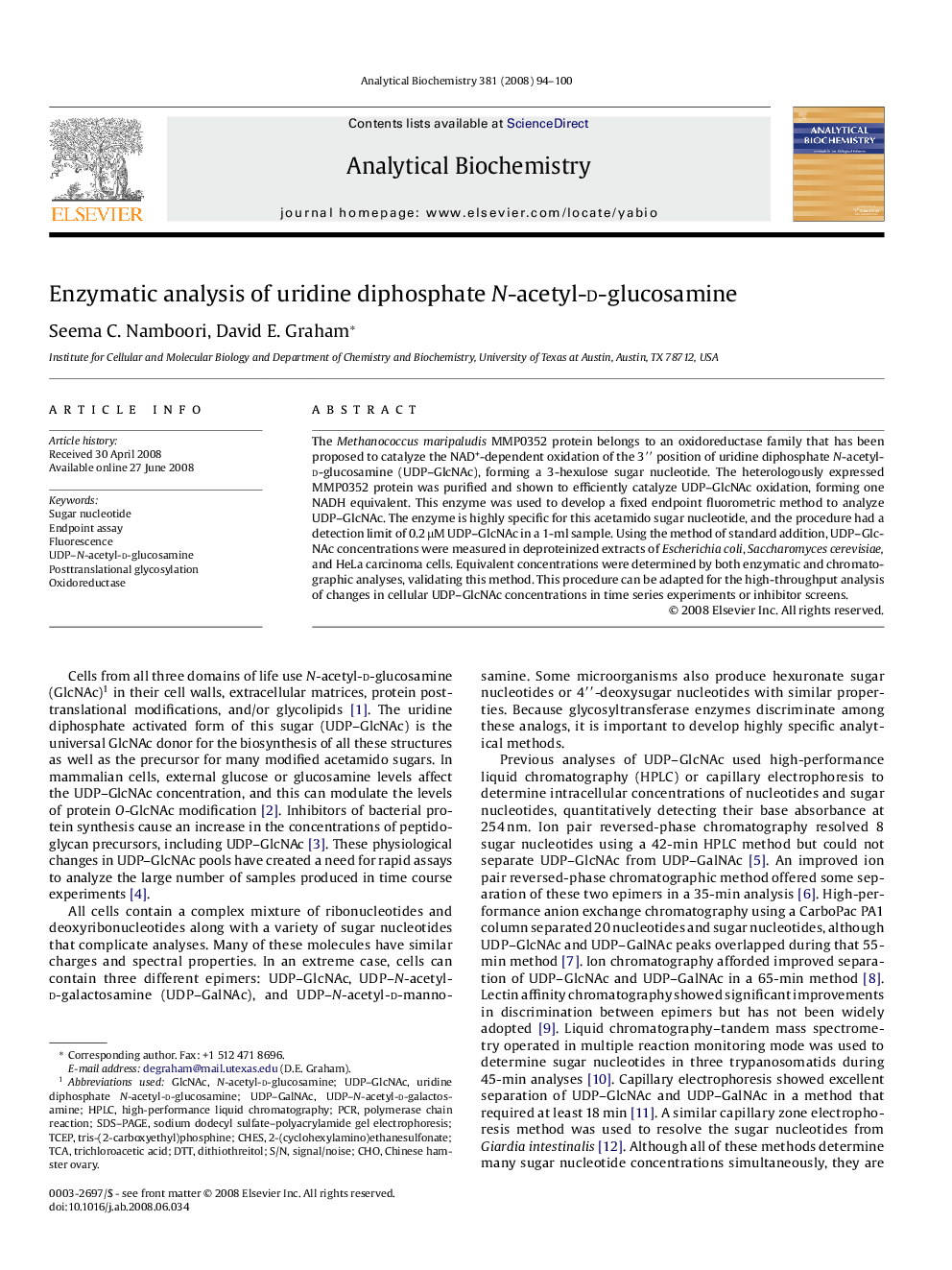 Enzymatic analysis of uridine diphosphate N-acetyl-d -glucosamine