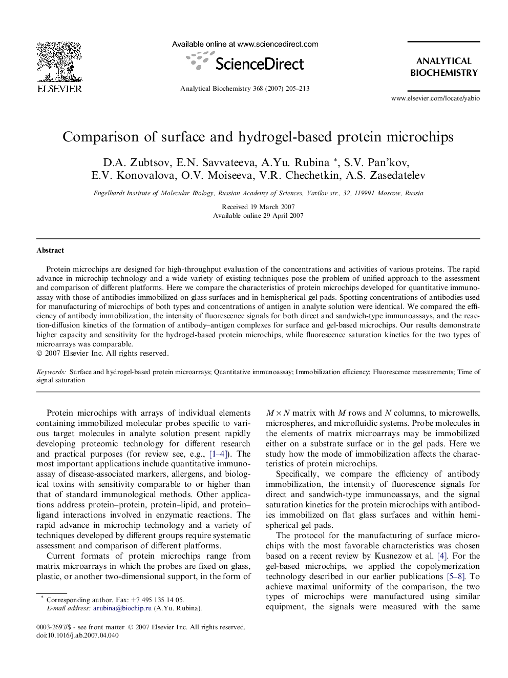 Comparison of surface and hydrogel-based protein microchips