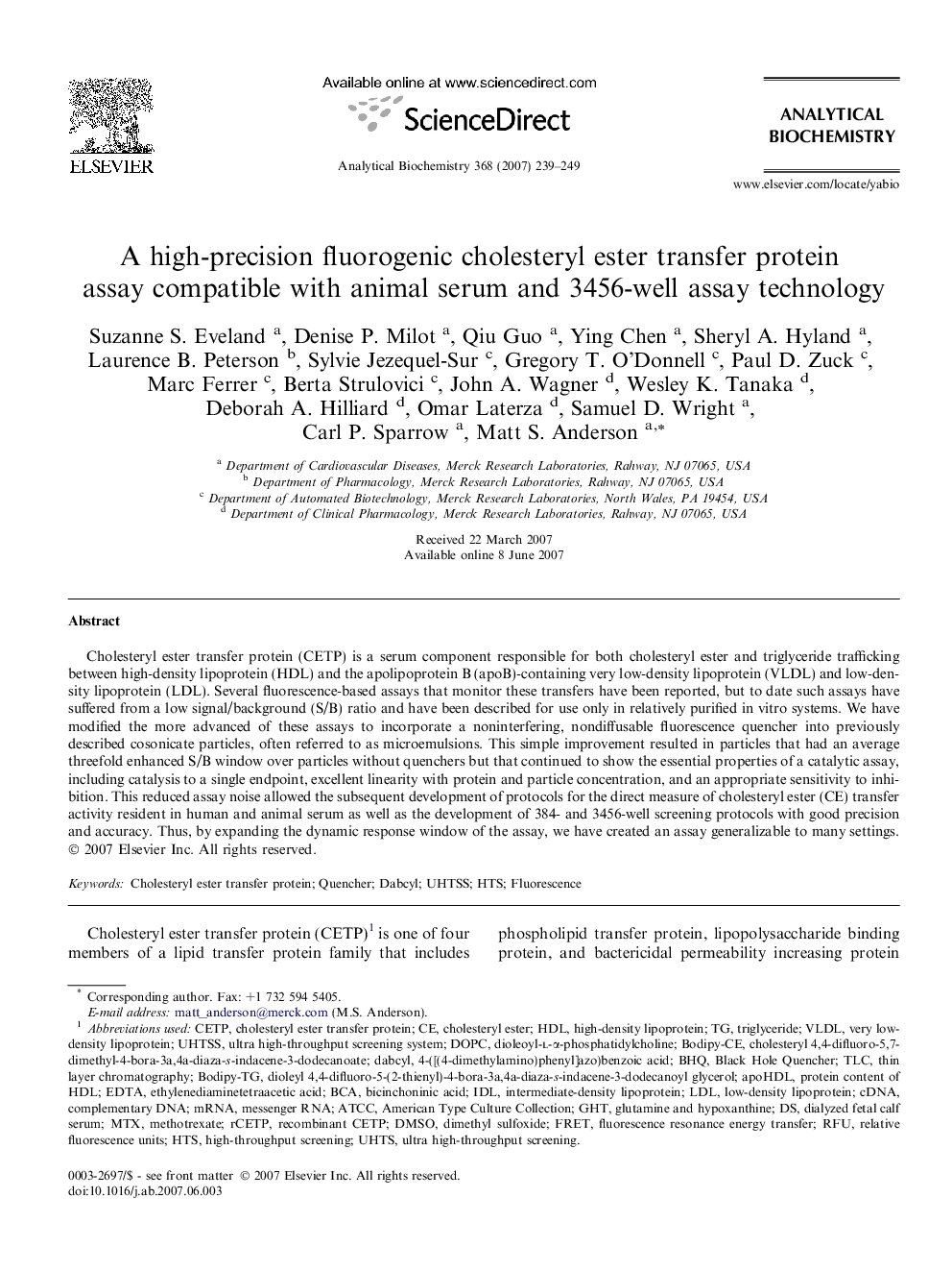 A high-precision fluorogenic cholesteryl ester transfer protein assay compatible with animal serum and 3456-well assay technology