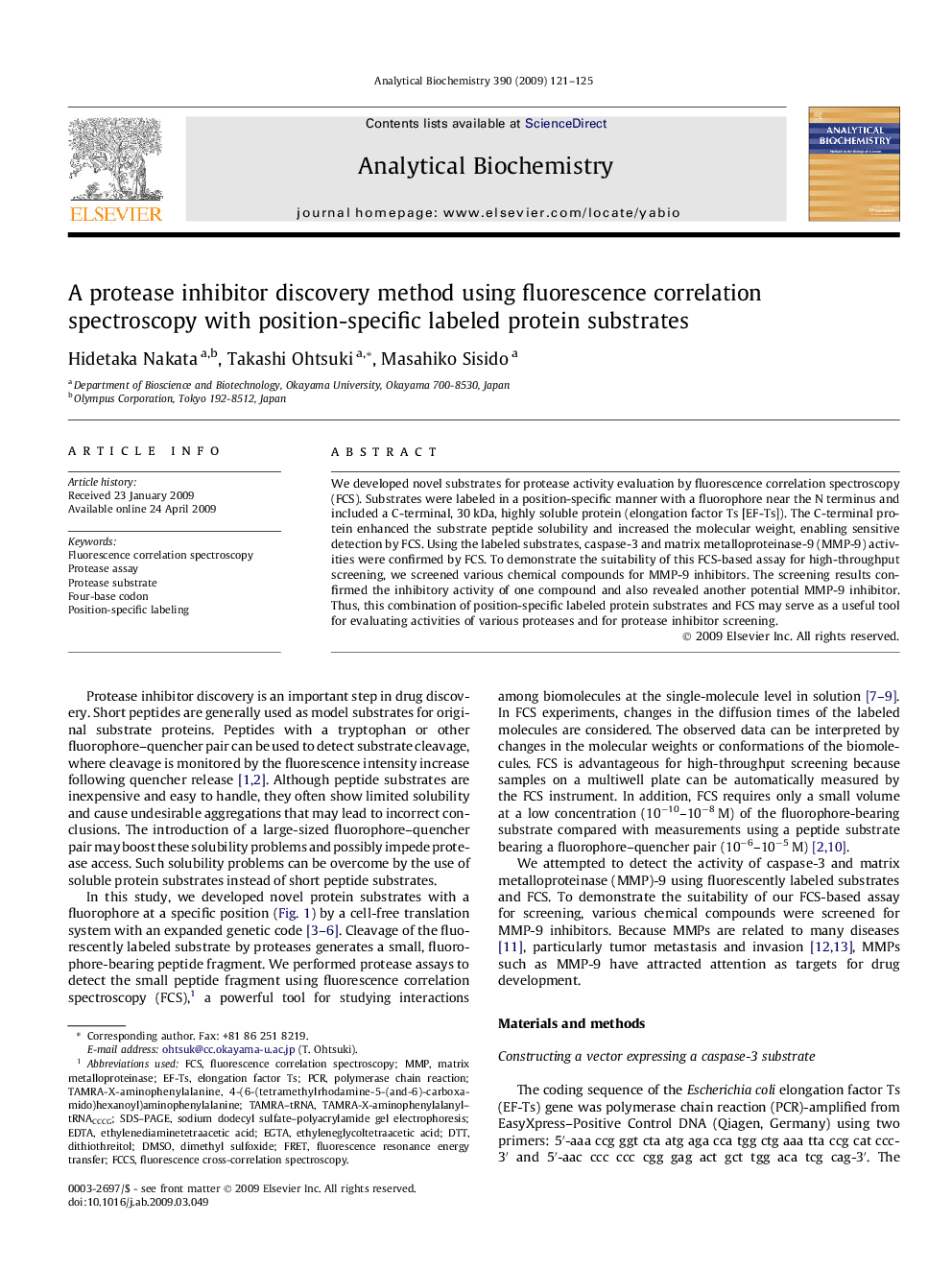 A protease inhibitor discovery method using fluorescence correlation spectroscopy with position-specific labeled protein substrates