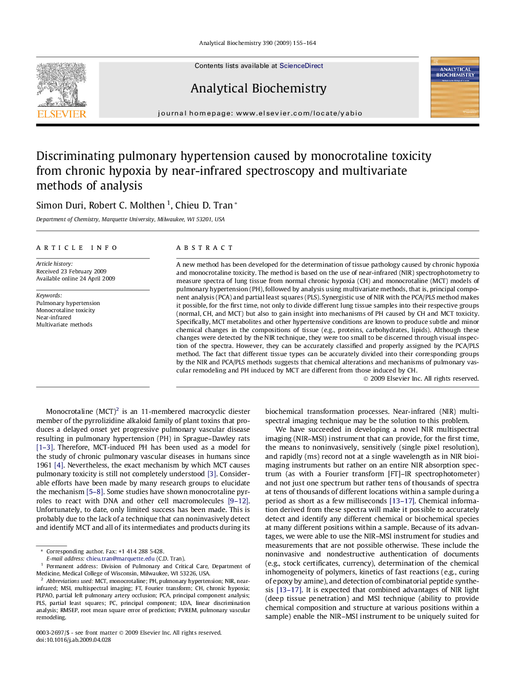 Discriminating pulmonary hypertension caused by monocrotaline toxicity from chronic hypoxia by near-infrared spectroscopy and multivariate methods of analysis