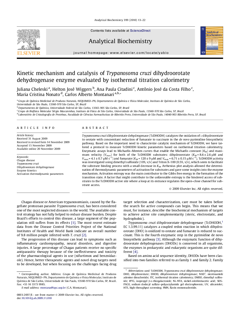 Kinetic mechanism and catalysis of Trypanosoma cruzi dihydroorotate dehydrogenase enzyme evaluated by isothermal titration calorimetry