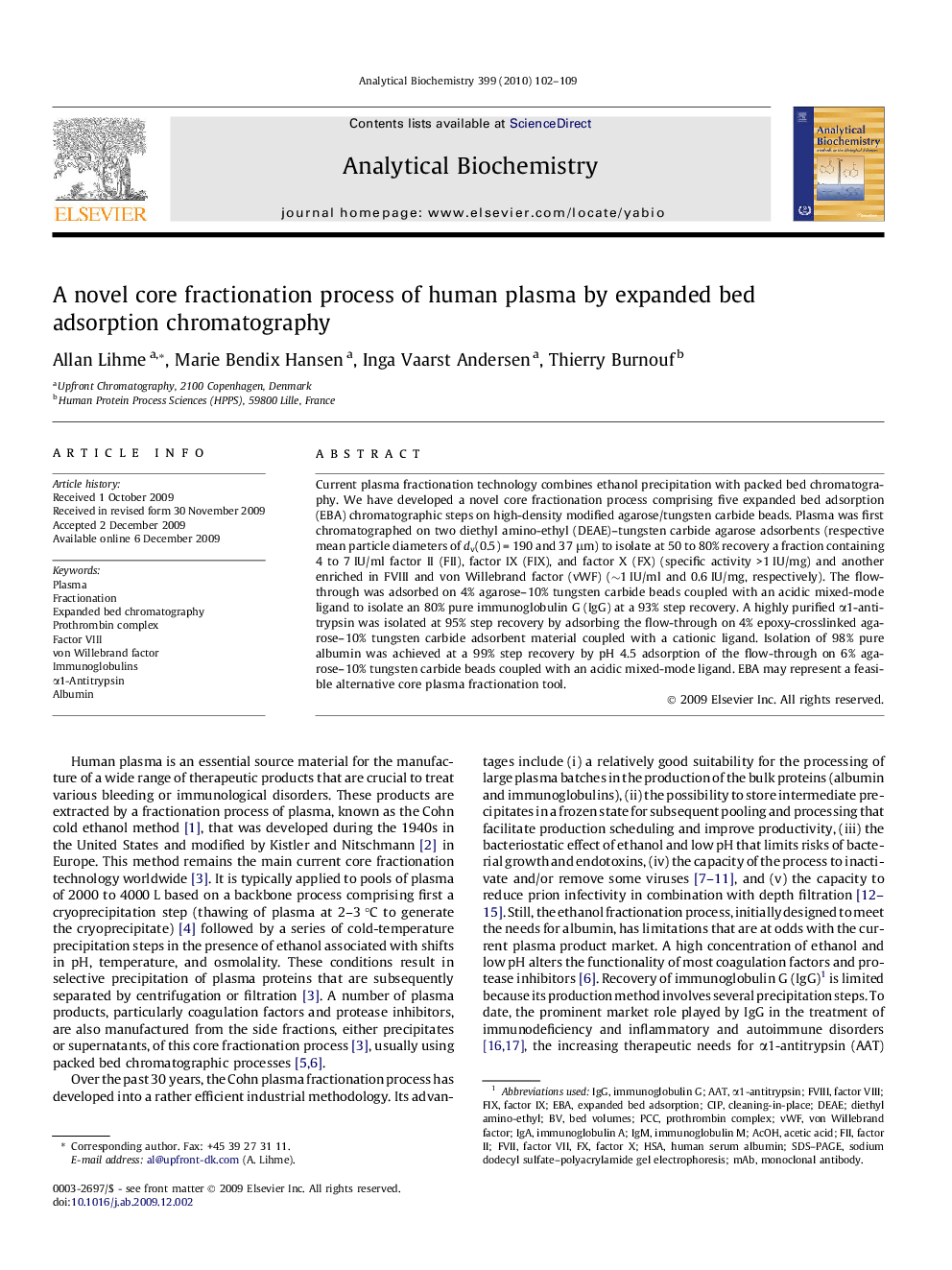 A novel core fractionation process of human plasma by expanded bed adsorption chromatography