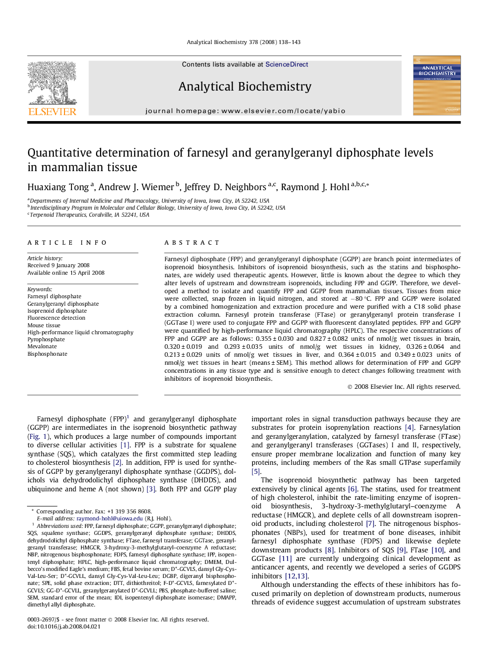 Quantitative determination of farnesyl and geranylgeranyl diphosphate levels in mammalian tissue