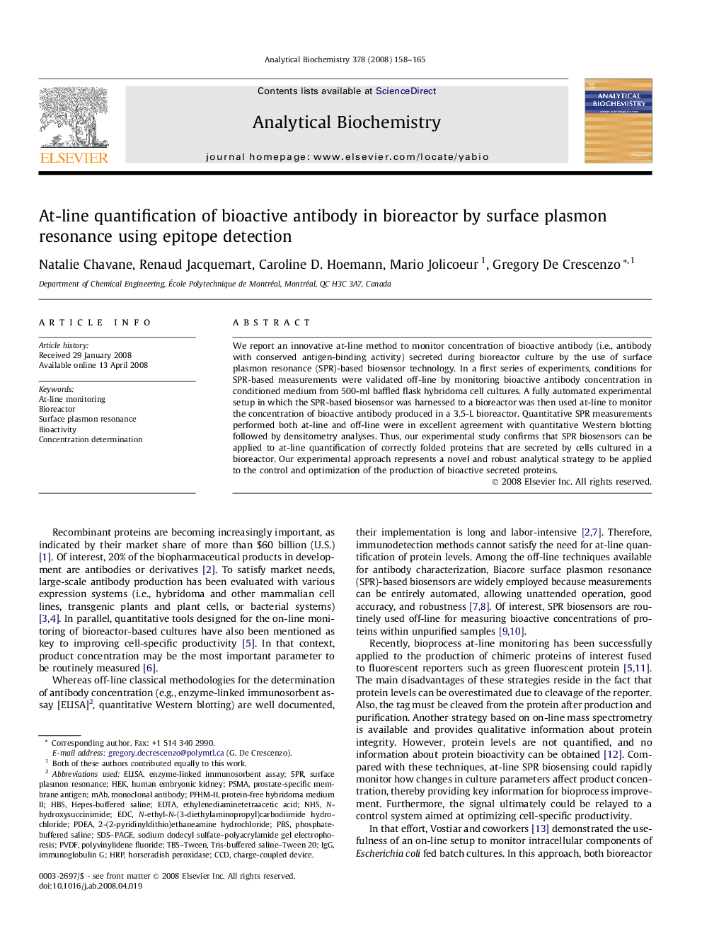 At-line quantification of bioactive antibody in bioreactor by surface plasmon resonance using epitope detection