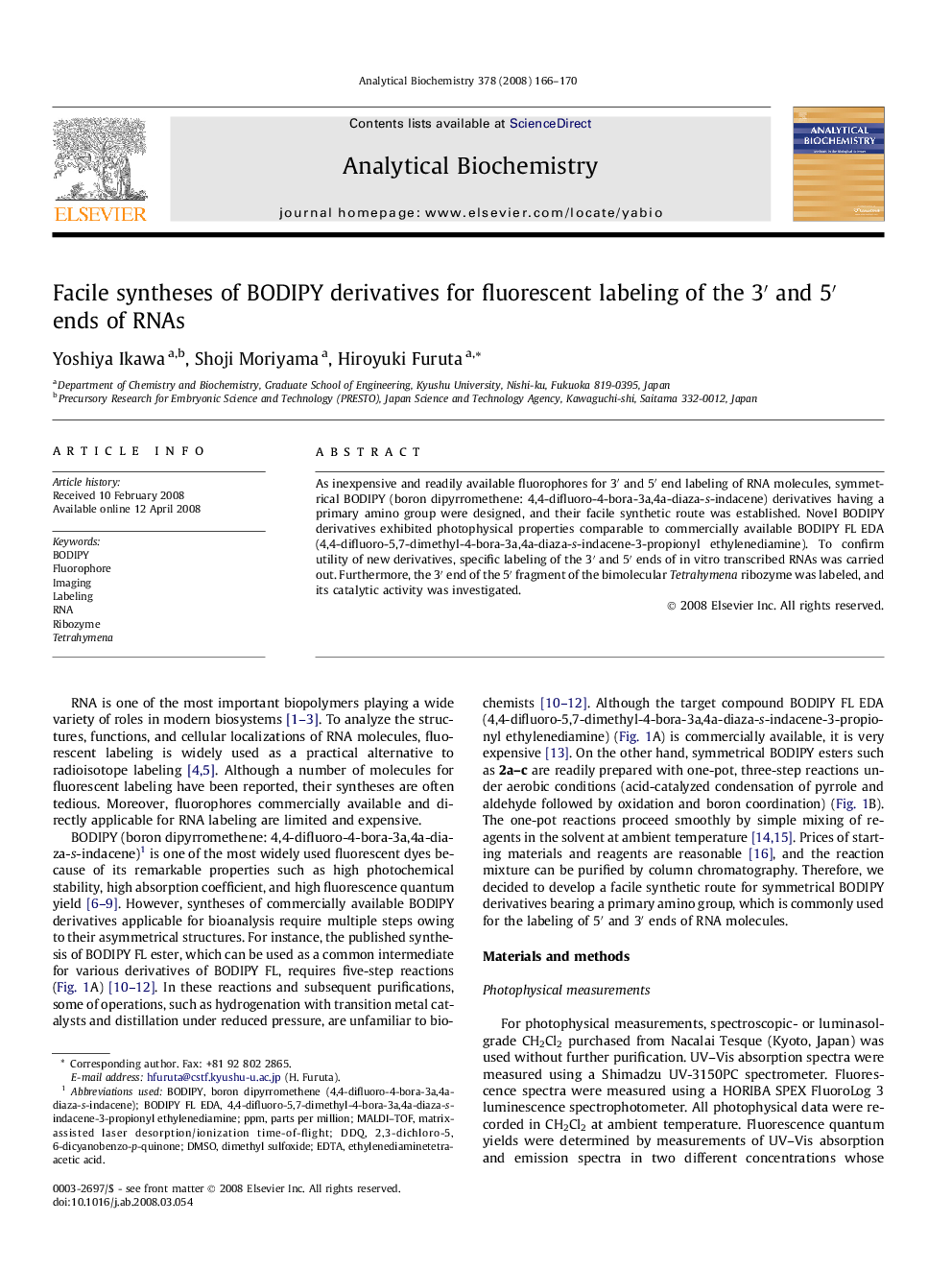 Facile syntheses of BODIPY derivatives for fluorescent labeling of the 3′ and 5′ ends of RNAs