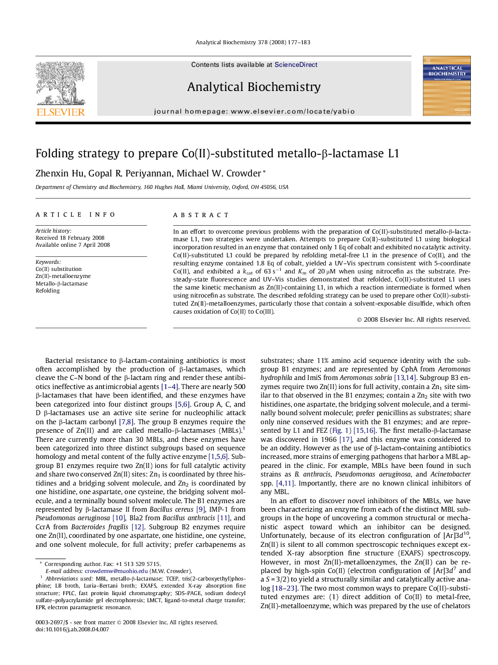 Folding strategy to prepare Co(II)-substituted metallo-β-lactamase L1