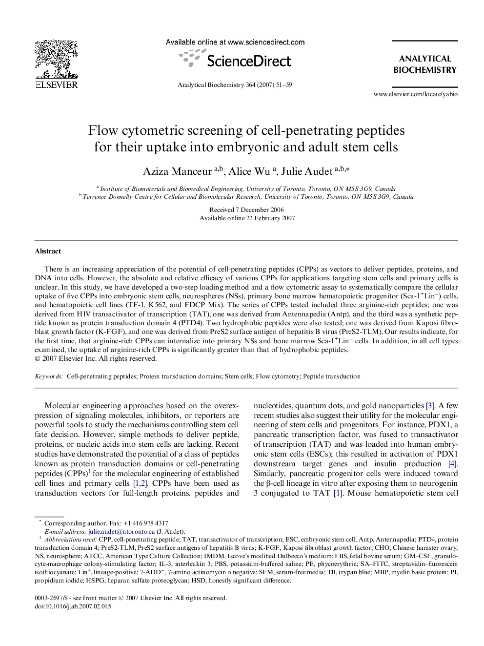 Flow cytometric screening of cell-penetrating peptides for their uptake into embryonic and adult stem cells