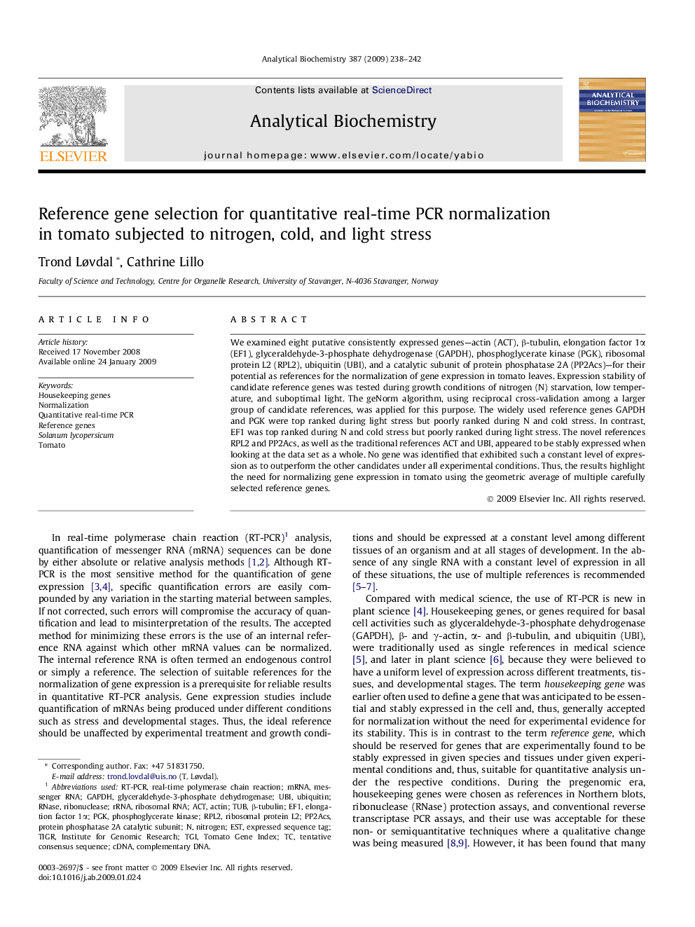 Reference gene selection for quantitative real-time PCR normalization in tomato subjected to nitrogen, cold, and light stress