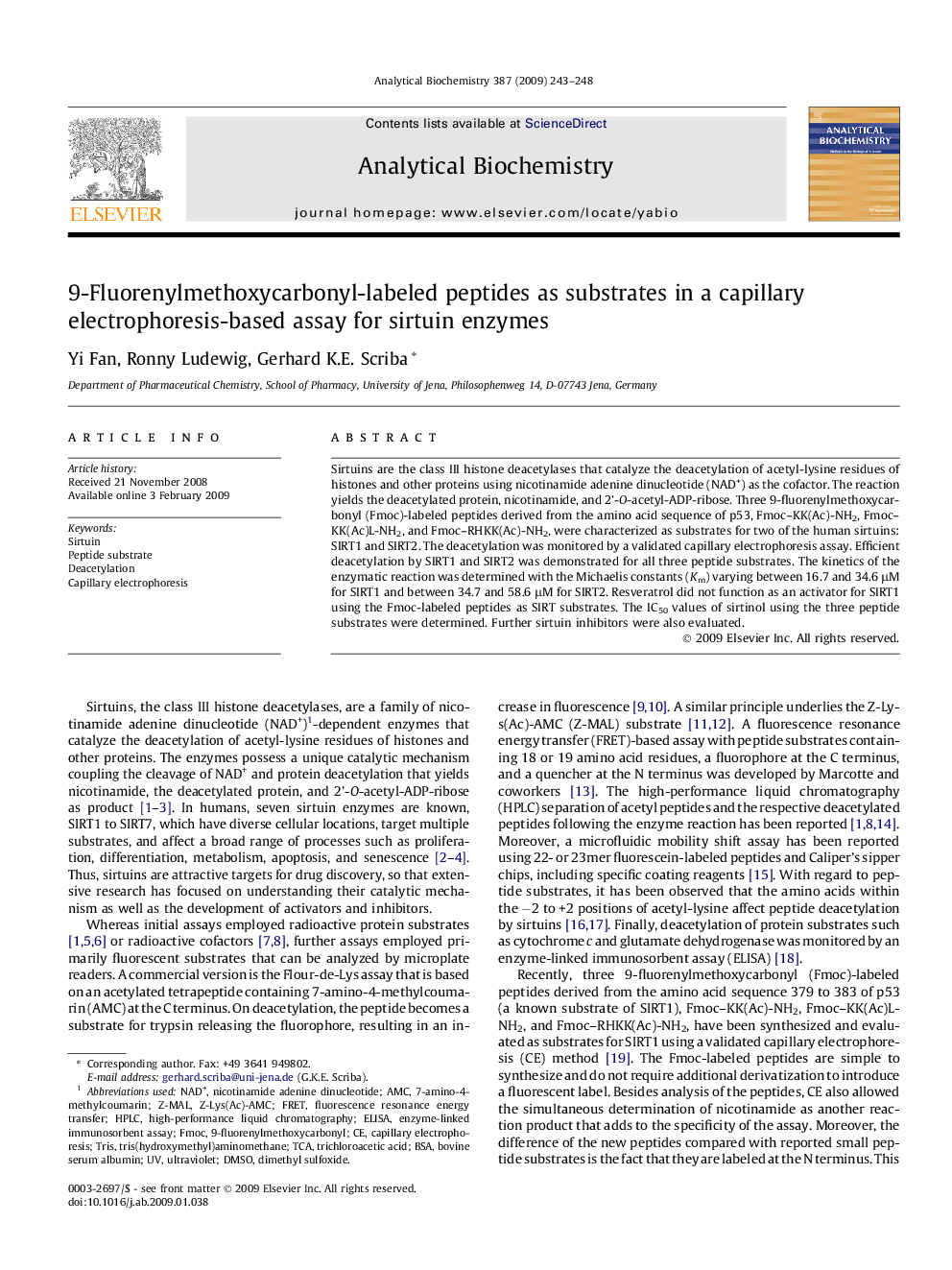 9-Fluorenylmethoxycarbonyl-labeled peptides as substrates in a capillary electrophoresis-based assay for sirtuin enzymes