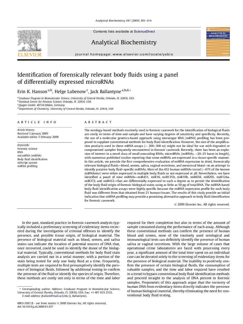 Identification of forensically relevant body fluids using a panel of differentially expressed microRNAs