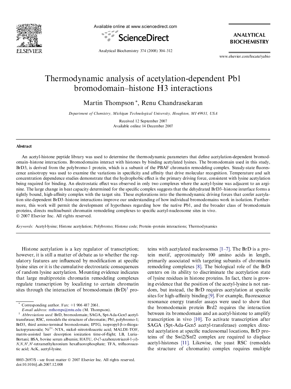 Thermodynamic analysis of acetylation-dependent Pb1 bromodomain–histone H3 interactions