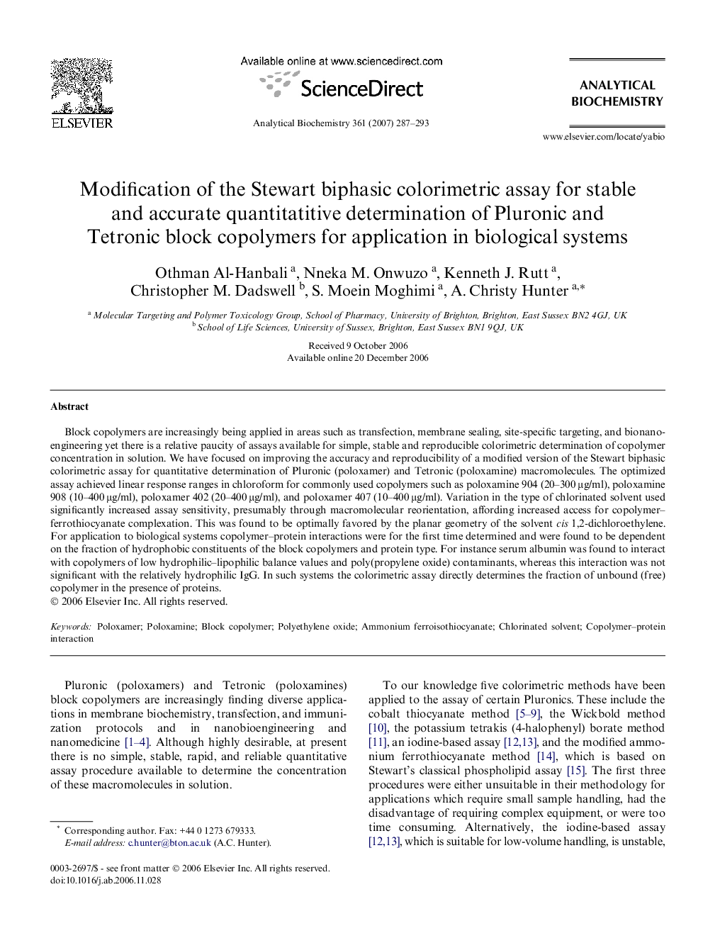 Modification of the Stewart biphasic colorimetric assay for stable and accurate quantitatitive determination of Pluronic and Tetronic block copolymers for application in biological systems