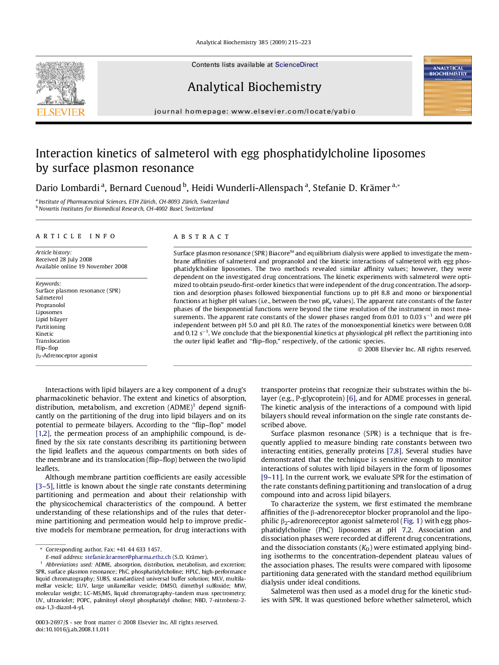 Interaction kinetics of salmeterol with egg phosphatidylcholine liposomes by surface plasmon resonance