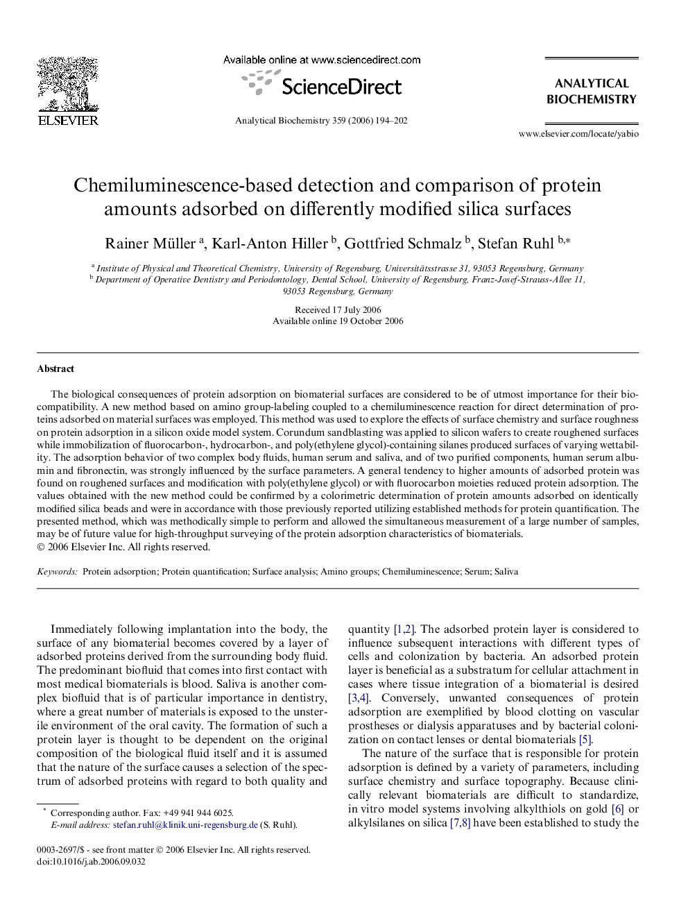 Chemiluminescence-based detection and comparison of protein amounts adsorbed on differently modified silica surfaces