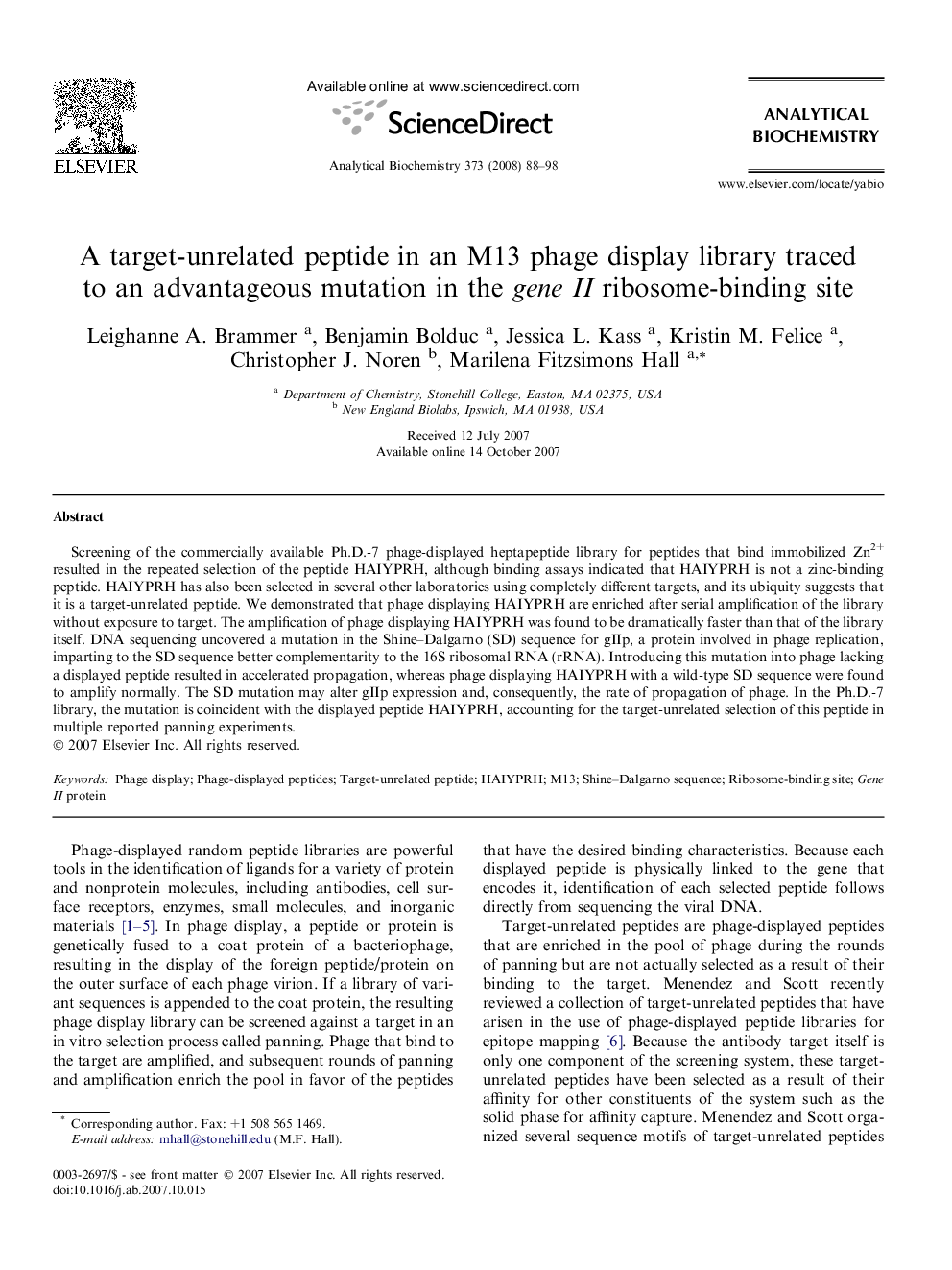 A target-unrelated peptide in an M13 phage display library traced to an advantageous mutation in the gene II ribosome-binding site