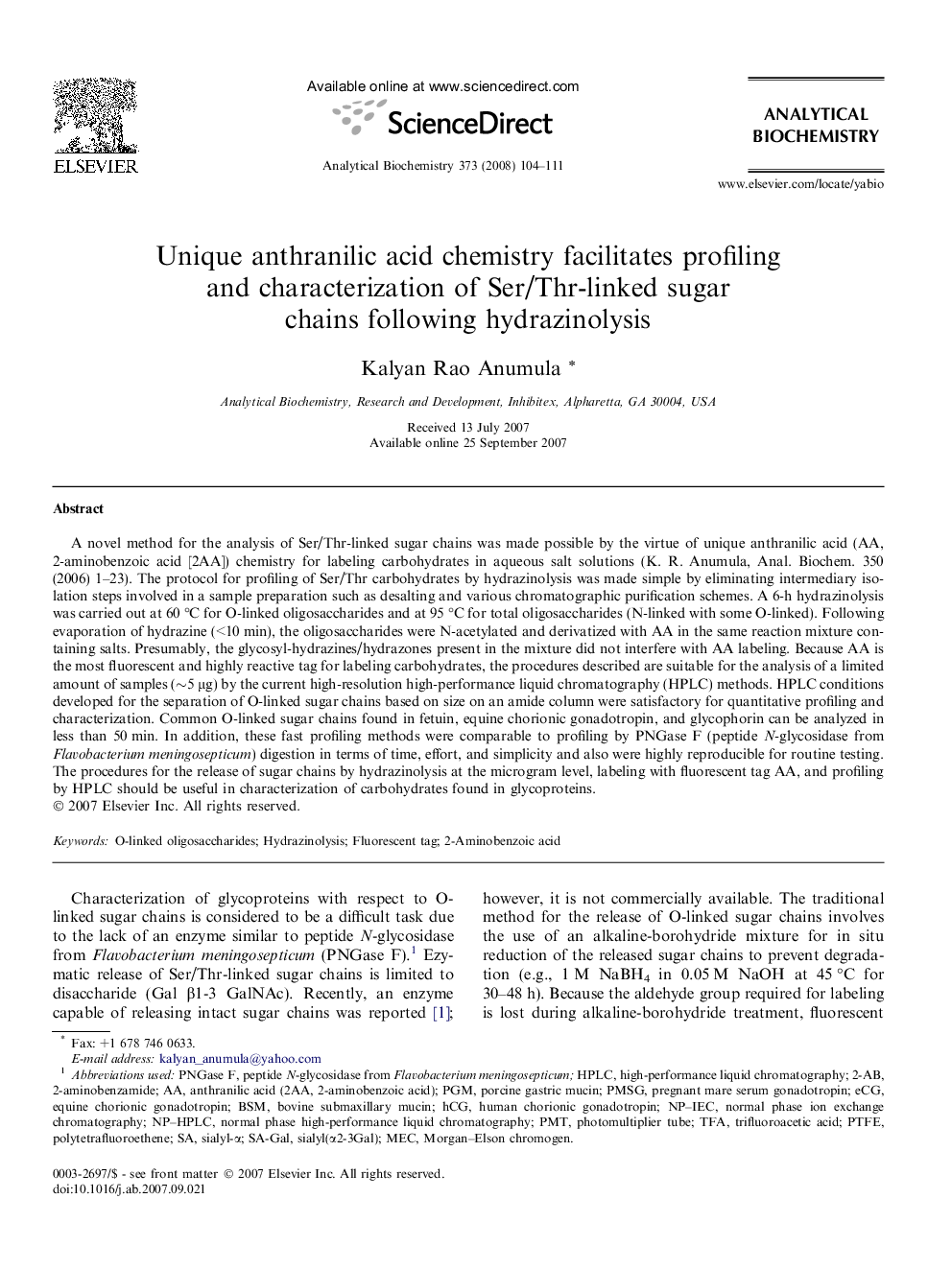 Unique anthranilic acid chemistry facilitates profiling and characterization of Ser/Thr-linked sugar chains following hydrazinolysis