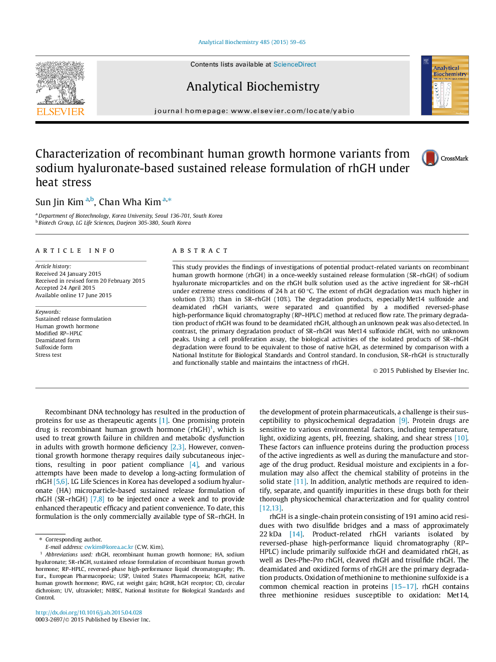 Characterization of recombinant human growth hormone variants from sodium hyaluronate-based sustained release formulation of rhGH under heat stress